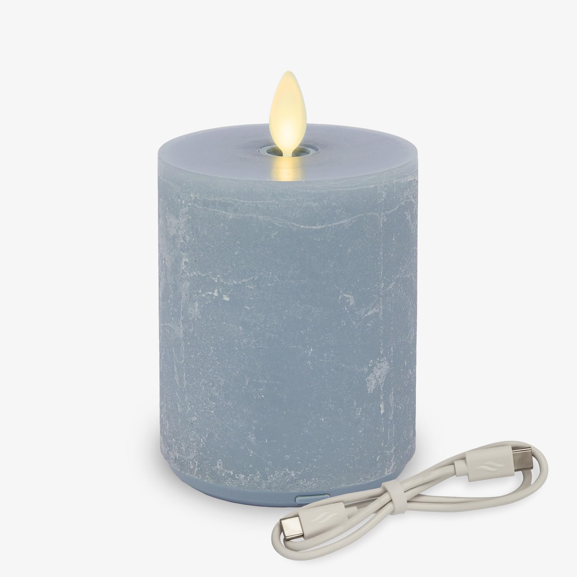 Luminara Seaglass Rechargeable Flameless LED Candle, Silver Blue 3" x 4.5", Moving Flame Pillar Timer, USB Type-C Charging Cable, Unscented Real Wax