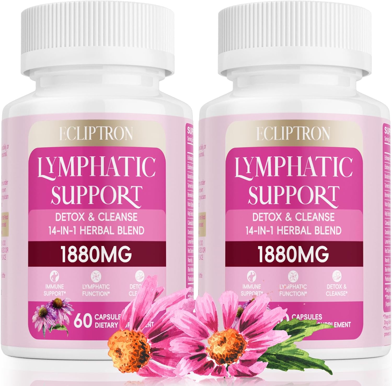 Lymphatic Drainage Supplement 1880 mg, Lymphatic System Support Supplement with Echinacea, Dandelion, Turmeric, Burdock, Elderberry, and Calendula, Lymph Detox Cleanse & Immune Support, 60 Capsules