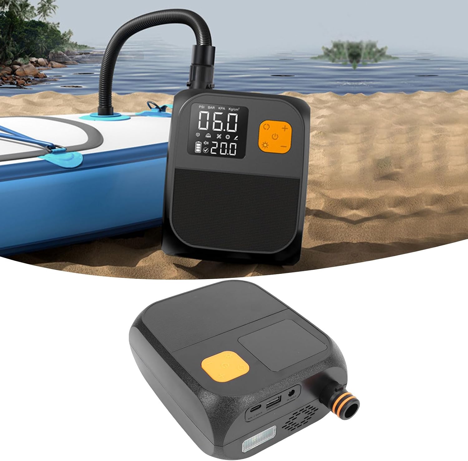 Zunate Electric Paddle Board Pump, Rechargeable 25PSI Portable Air Compressor with 8000mAh Battery LED Lights and 6 Nozzles for Inflatable Kayaks and Camping