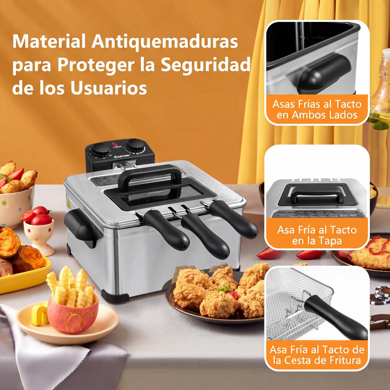COSTWAY Freidora Aceite de 1700W con 3 Cestas, 5L, Acero Inoxidable