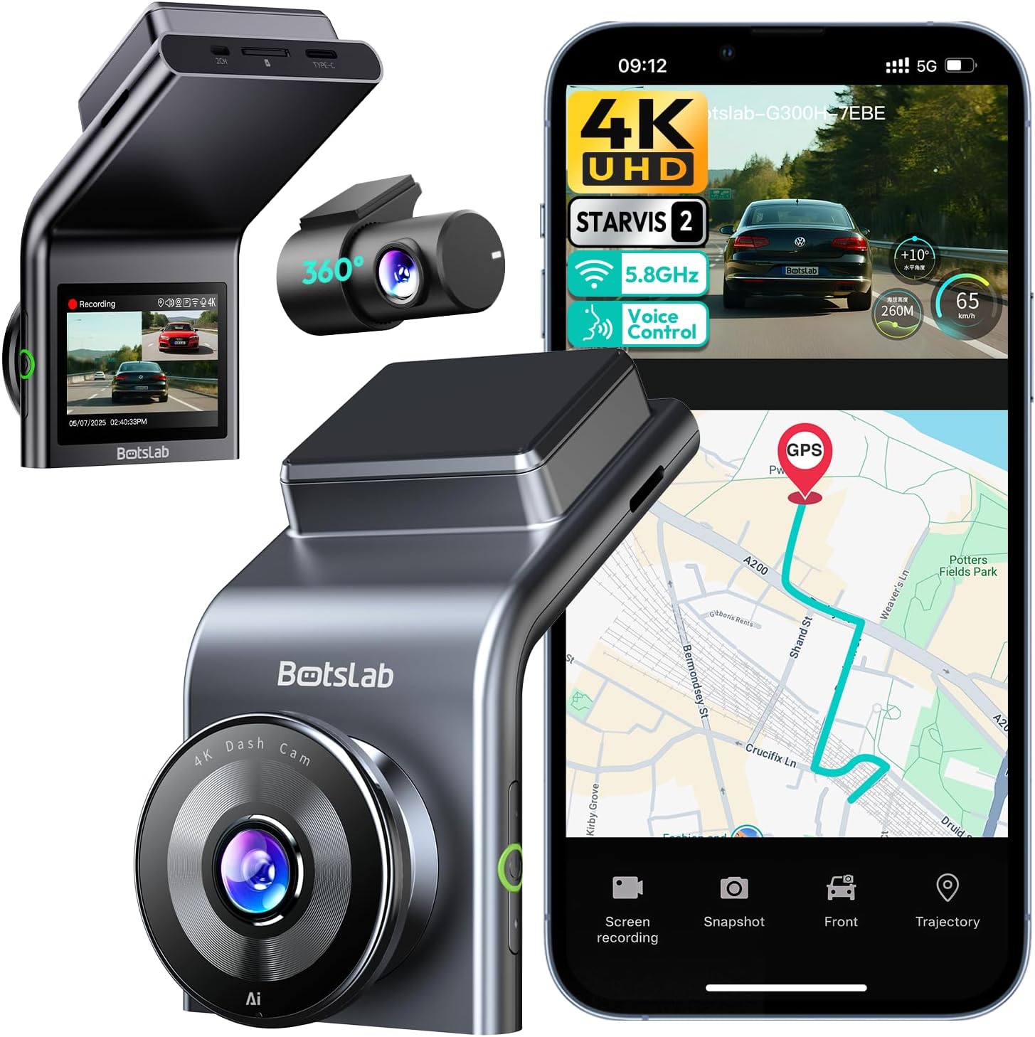 BOTSLAB【G300H Plus No Card】 4K Dash Cam Front and Rear, STARVIS 2 Sensor | Voice Control, 170° Wide Angle, 5.8G WiFi/ GPS/ Night Vision, 24/7 Parking Mode, Super Capacitor,12 Months Replacement