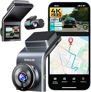 BOTSLAB 4K Dual Dash Cam Front and Rear, STARVIS 2 Sensor, Voice Control, 170° Wide Angle, 5GHz WiFi, Built-in GPS, WDR Night Vision, 24H Parking Mode (No Card)