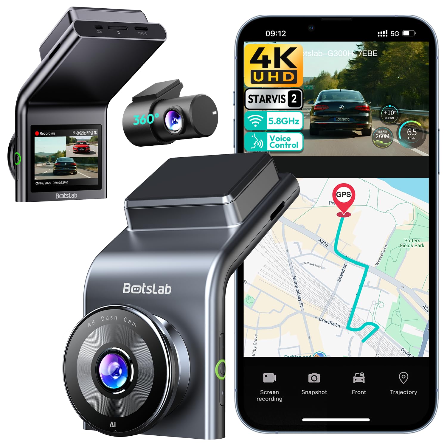 BOTSLAB Dashcam Auto Vorne Hinten mit STARVIS 2, 4K UHD + HD 1080P
