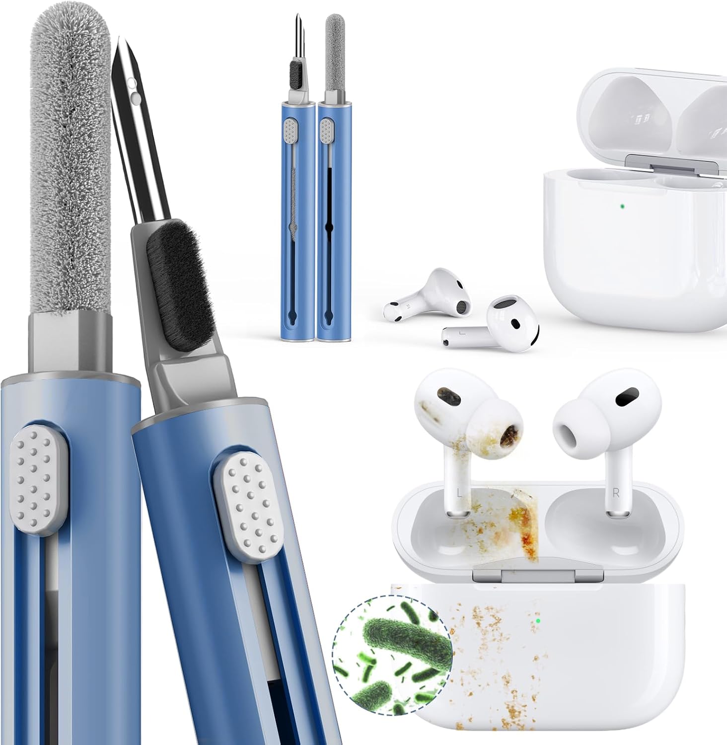Inesore Multi Cleaning Kit for AirPods & All Bluetooth Earbuds (Deep Blue) | 3-in-1 design with brush,sponge & metal tip; Airpod cleaning; Phone Cleaner; Earbud Cleaning; Electronic Device Cleaning Tool
