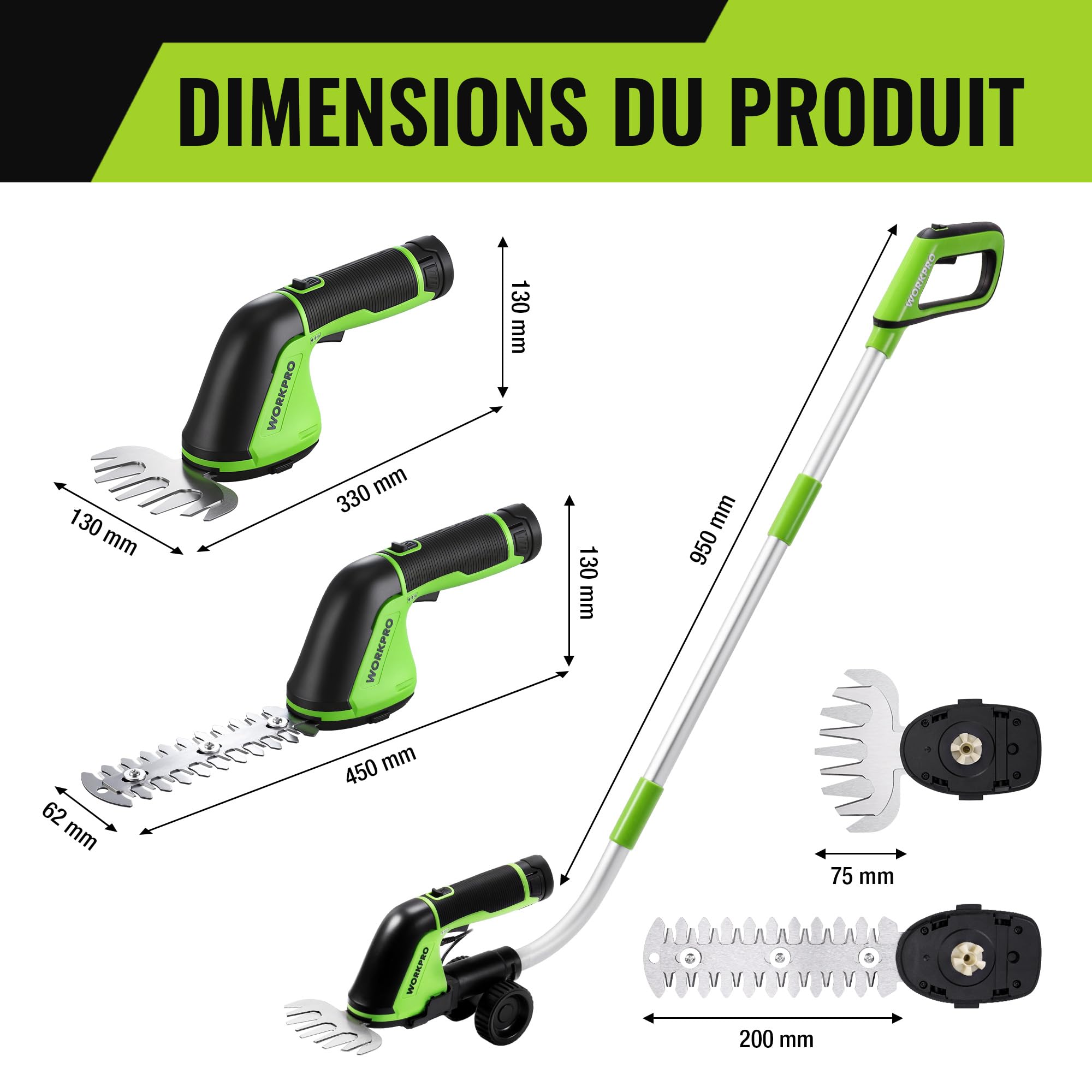 WORKPRO 3-en-1 Cisaille à Gazon et Taille-Buissons sans Fil 12V, Manche Télescopique avec Roues, Batterie Lithium 2000mAh, Lames Acier Précises, Outil Jardin Léger et Ergonomique