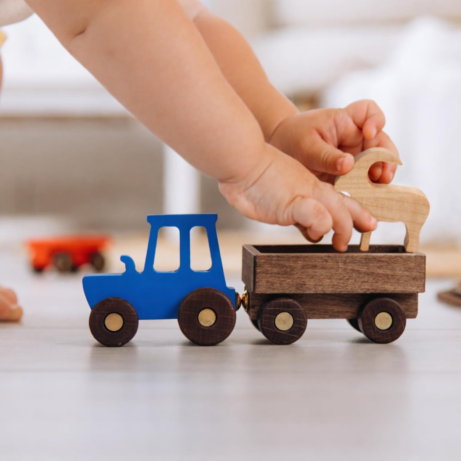 BUSY PUZZLE Wooden Tractor Toy with Trailer and Farm Animals, Natural Solid Wood Push Vehicle for Toddlers, Birthday Gift, Montessori Farm Play Set - Image 2