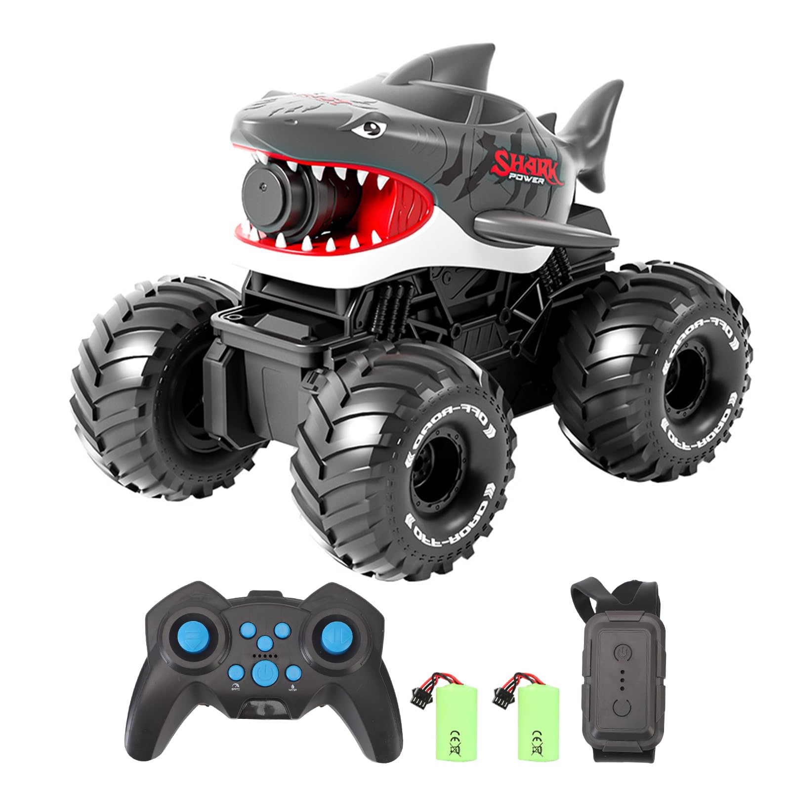 Hylukon RC Car, Remote Control Shark Toy with Water Spray, Gesture Sensing Off Road RC Truck, Water and Land Remote Control Vehicle for Teens Teens (Grey 2 Batteries)