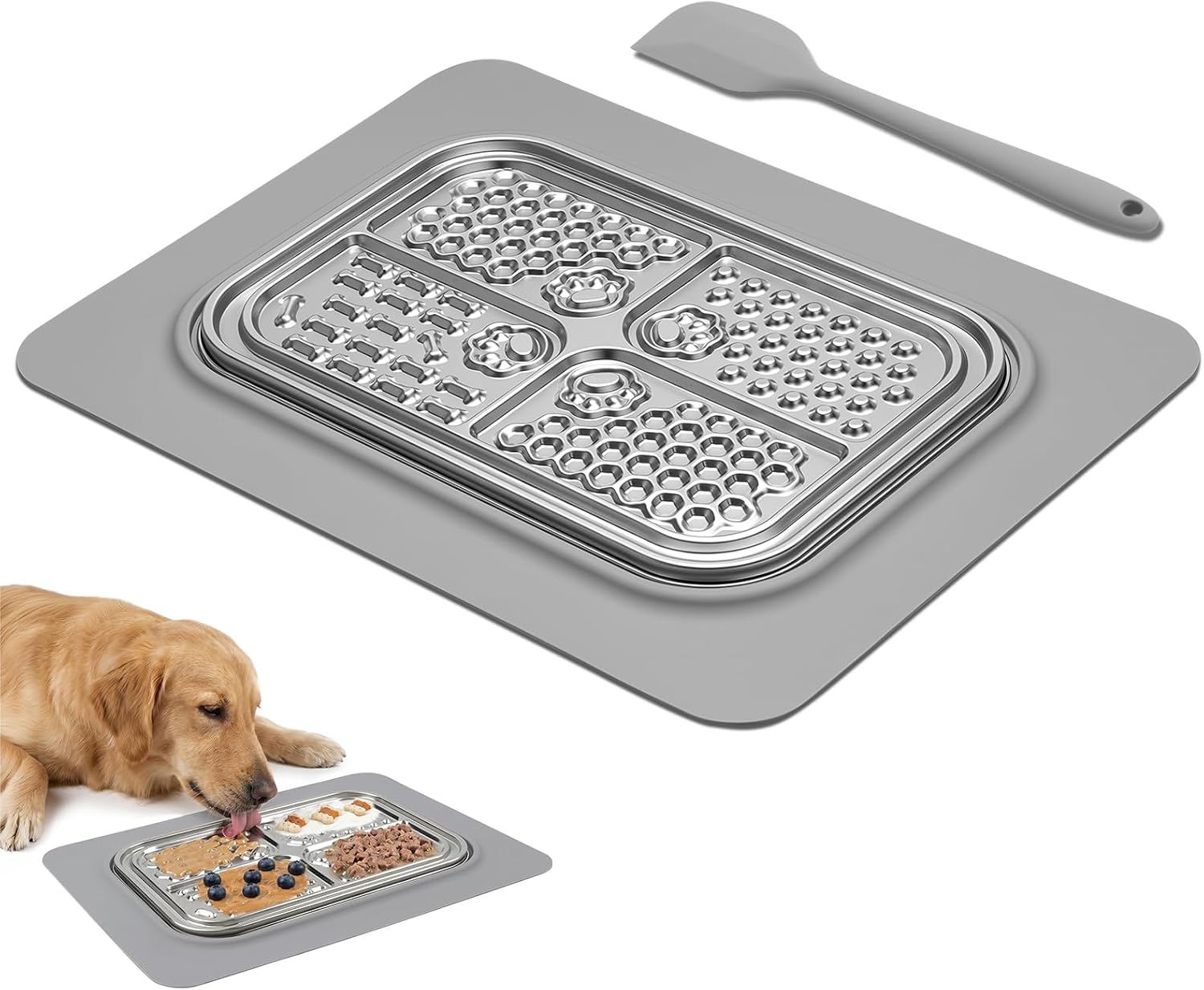Pets Lick Mats,Slow Feeder Licking Pad with Spatula,4-Section | 304 Food-Grade Stainless Steel/Embedded Design/Full Non-Slip Silicone Base/Dishwasher Clean/Safe For All Dogs & Cats
