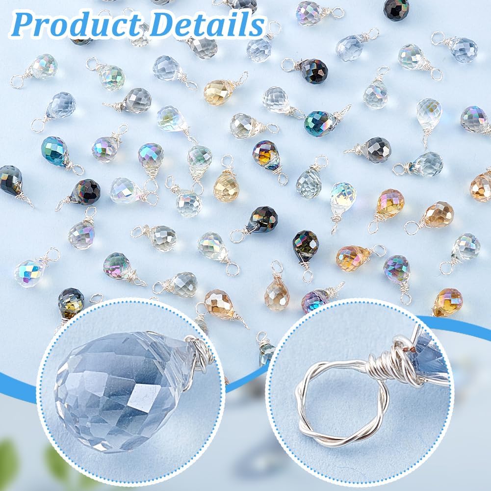 PH PandaHall 200pcs Faceted Teardrop Charms, 10 Colors Crystal Charms Transparent Glass Crystal Pendants Wire Wrapped Glass Charms Drop Dangle Charms for Necklace Clip on Earings Bracelet Craft Making