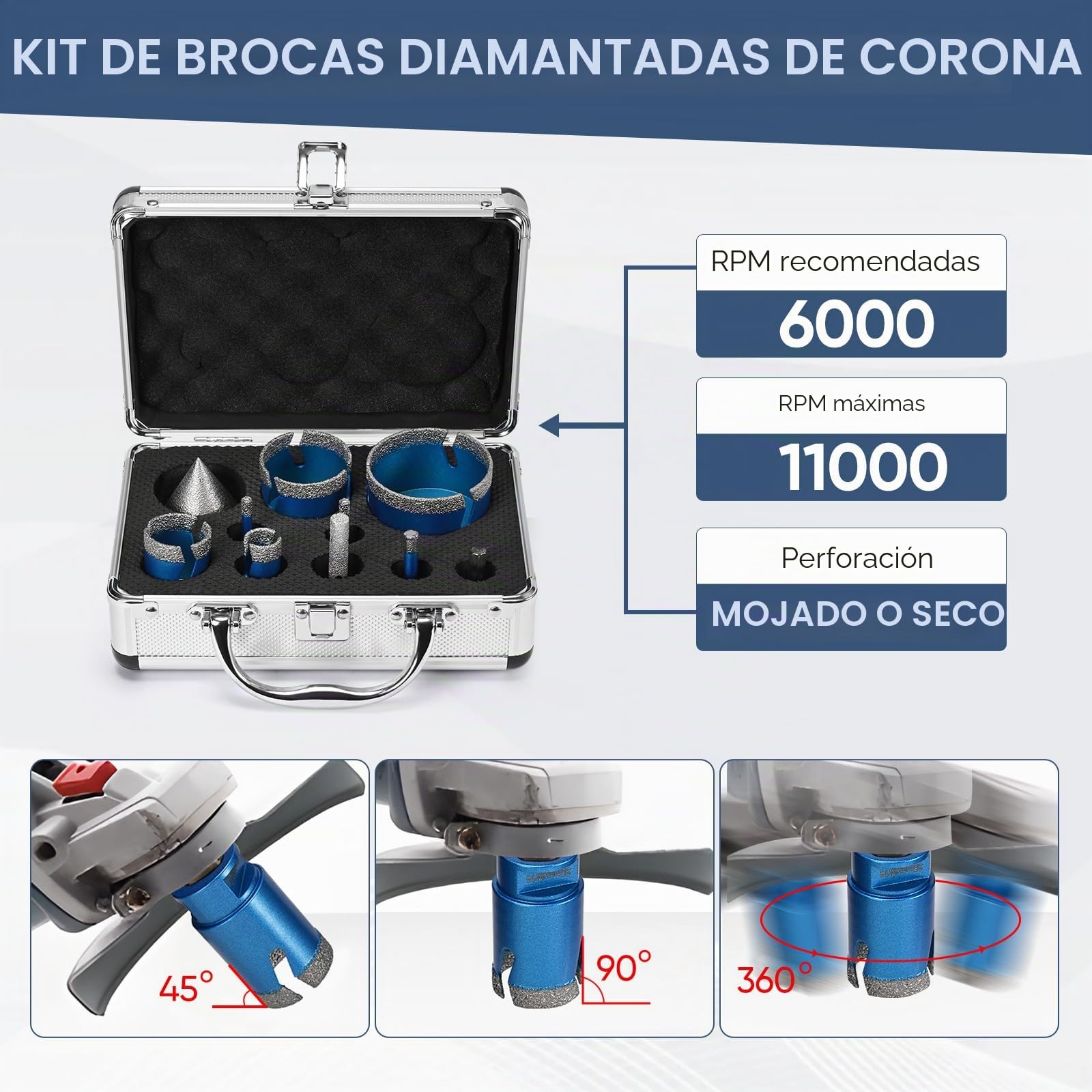 10 unidades Juego de brocas de diamante (6/8/20/35/50/68 mm), coronas para porcelanico, Brocas Chaflán Biselado para azulejos de porcelana, cerámica, granito y mármol