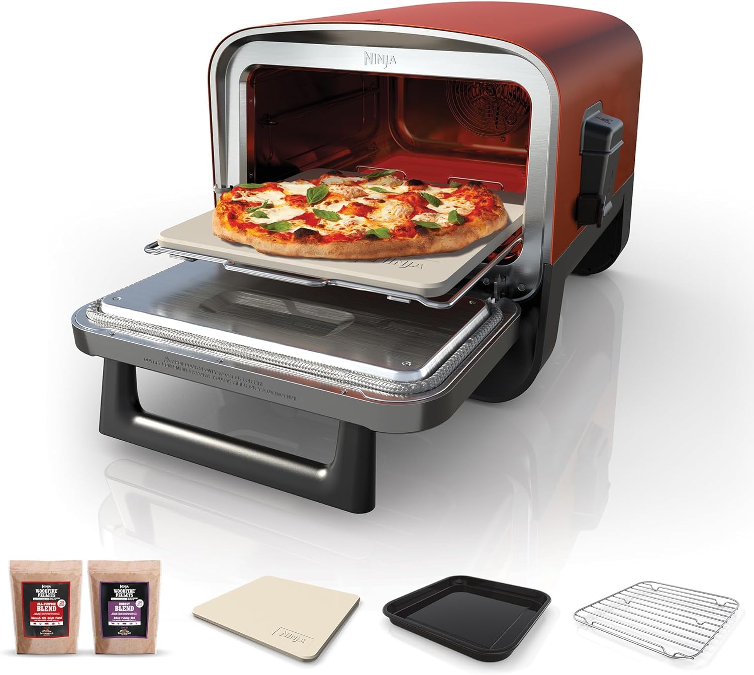 NINJAWoodfire Electric Outdoor Oven, 8-in-1 Pizza Oven, High-Heat Roaster & BBQ Smoker with Roast Rack, Pro-Heat Tray, Pizza Stone, Wood Pellets & Scoop, Electric, Burnt Orange, 2 Years Warranty