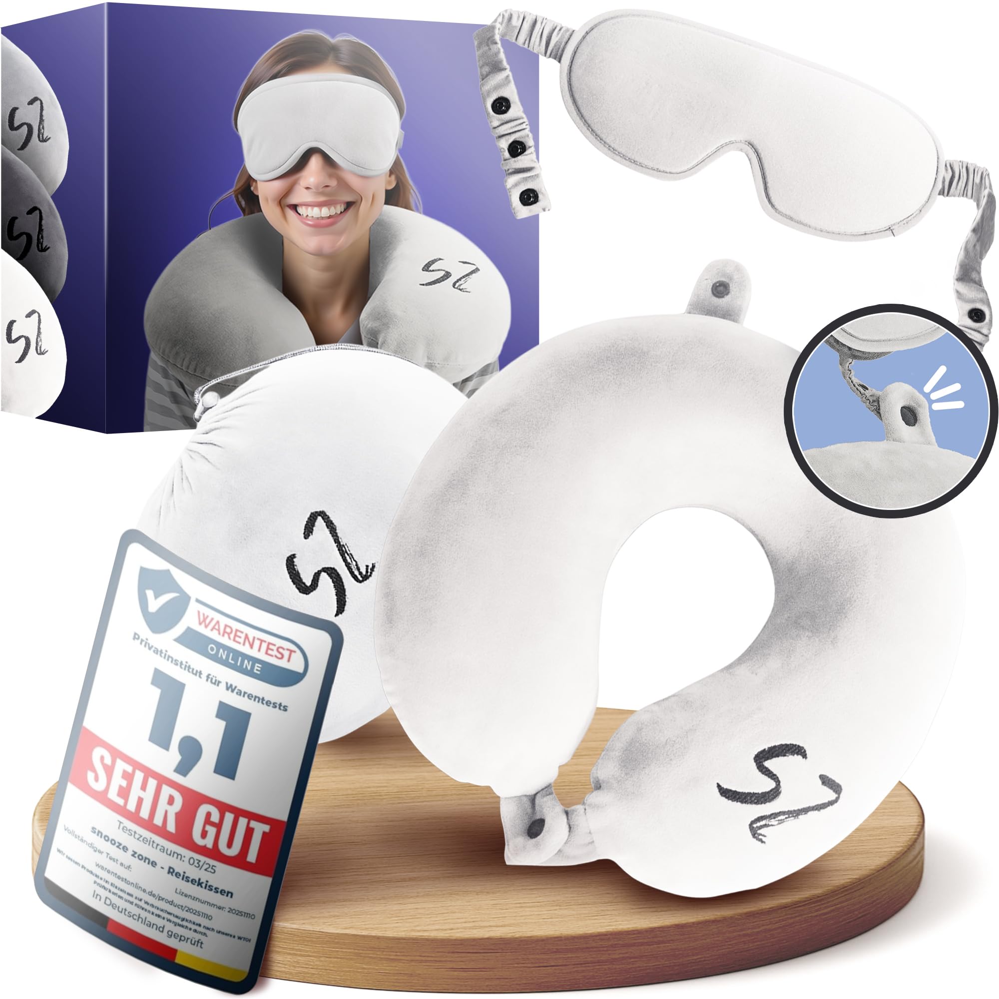 Nuevo diseño de zona de Snooze – Cojín cervical 2 en 1, diseño de avión, cojín de viaje único de espuma viscoelástica, fácil de guardar cojín cervical, práctico cojín cervical, blanco