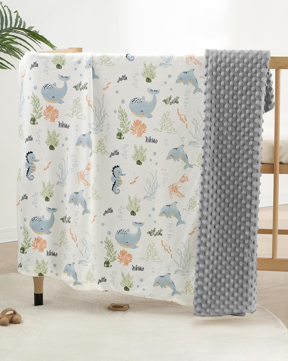 Baby Blankets for Unisex Boys Girls, Reversible Super Soft Blankets for Toddlers with Cotton Front and Dotted Fleece Backing, Lightweight and Warm Crib Blanket for All Seasons 30″x40″(Whale)