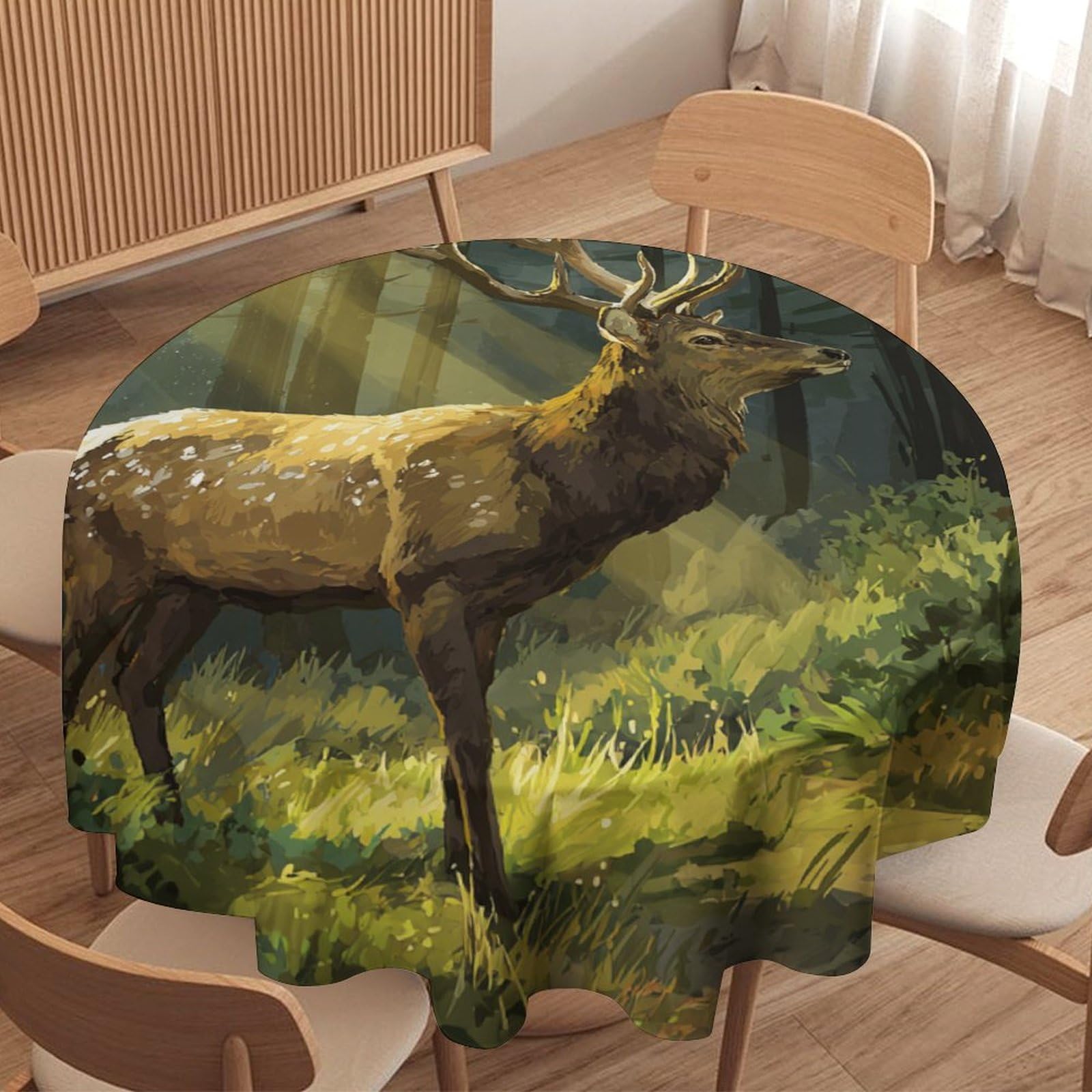 LUYYSKY Beautiful Colorful Animal Deer Waterproof Round Tablecloth Modern Art Natural Botanical Forest Wildlife Elk Pattern Washable Table Cover for Kitchen-177.8" Wx177.8 L cm