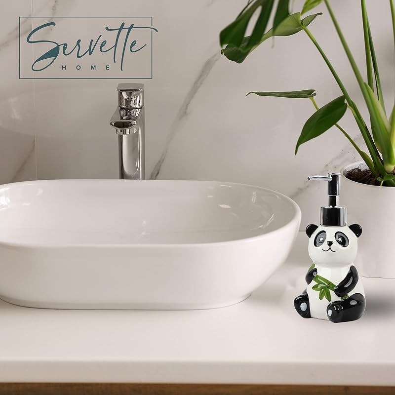 Servette Home Panda Alakú Kerámia Szappanadagoló - Fürdőszobai és Konyhai Pumpás Adagoló, Ezüst Díszítéssel, Egyedi Állat Mintával