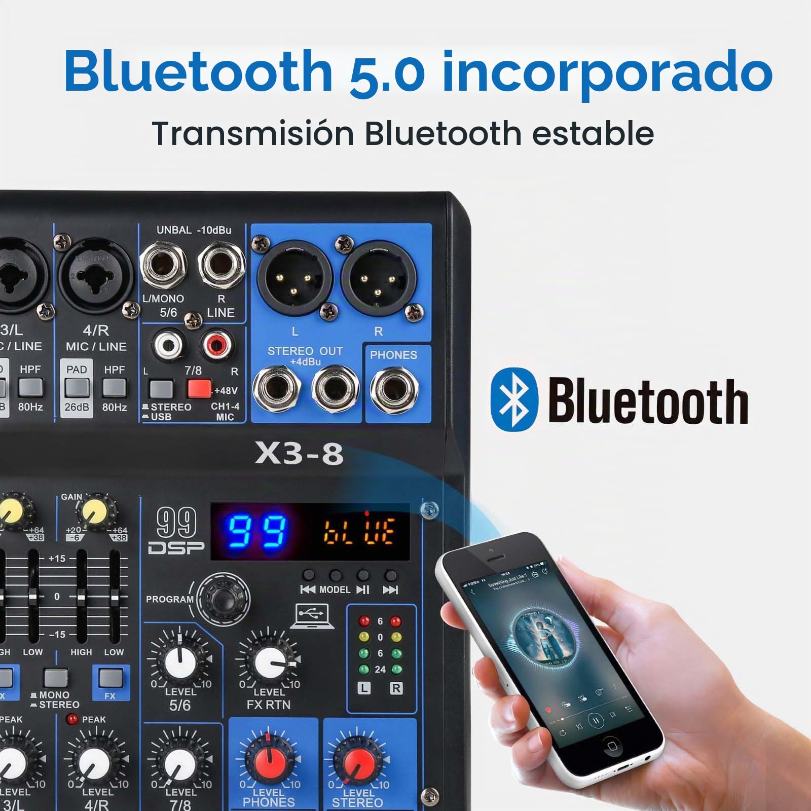 Mezclador de Audio Profesional 8 Canales Mesa de Mezclas para Escenarios y Eventos, 99 DSP Efecto Dj Mixer Audio con Usb Bluetooth MP3 Mesa Sonido