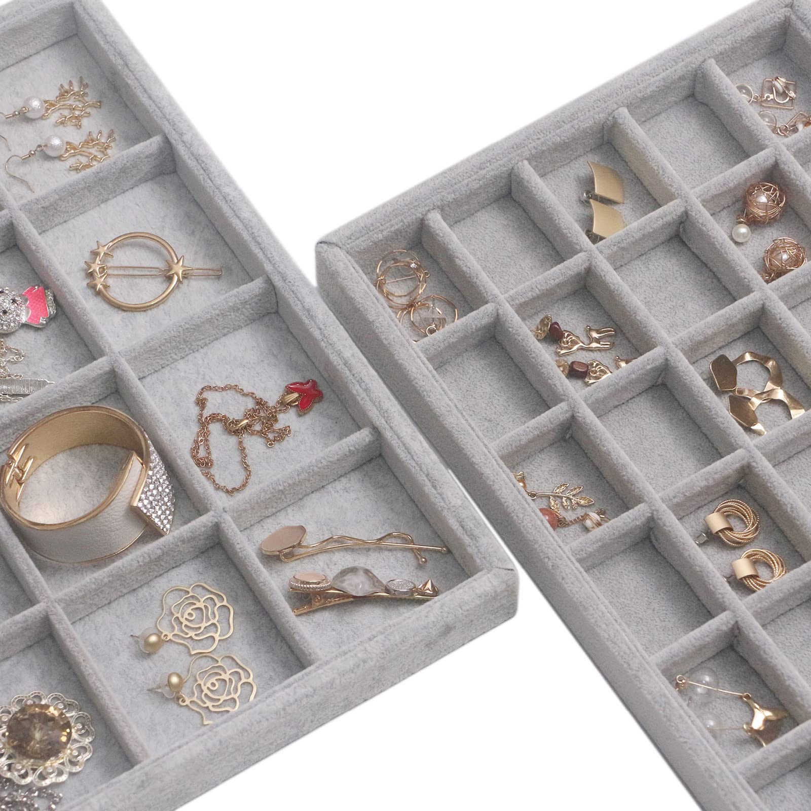DIOMMELL Set Di 4 Vassoi Portagioie Impilabili In Velluto Grigio - Organizer Con Scomparti Per Orecchini, Collane, Bracciali E Anelli