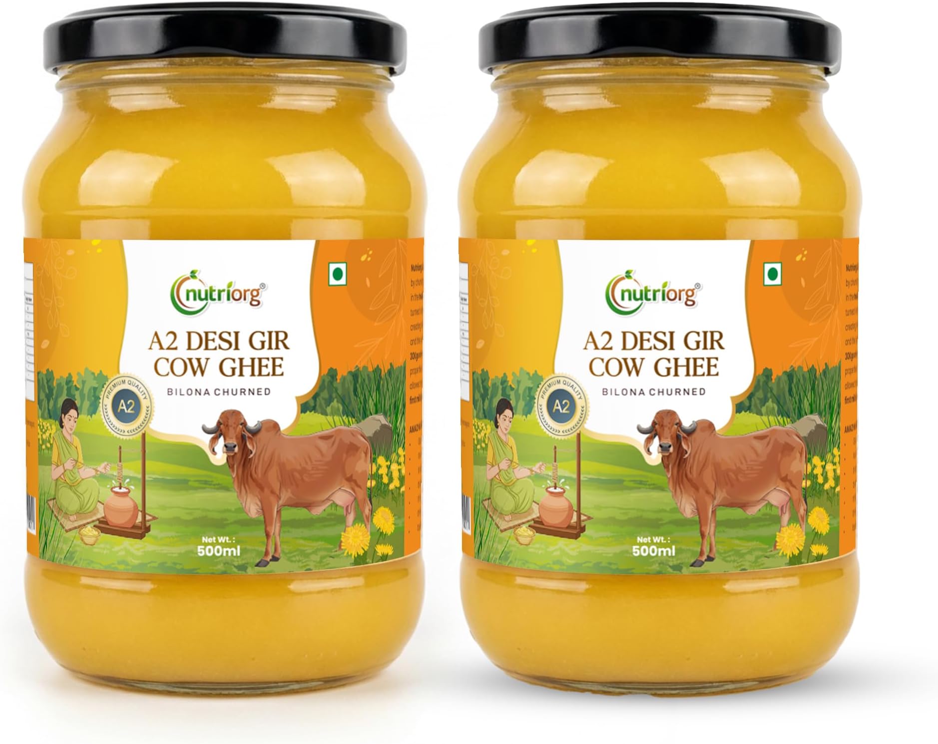 Nutriorg A2 Gir Cow Ghee | Vedic Bilona Method | 100% Pure A2 Ghee from Grass-Fed Gir Cows | Rich in Vitamins A, D, E & K | Hand-Churned, Nutrient-Rich, Non-GMO, Lab Certified | Premium Desi Ghee with Authentic Aroma & Flavor (500 ml pack of 2) 1 Litr