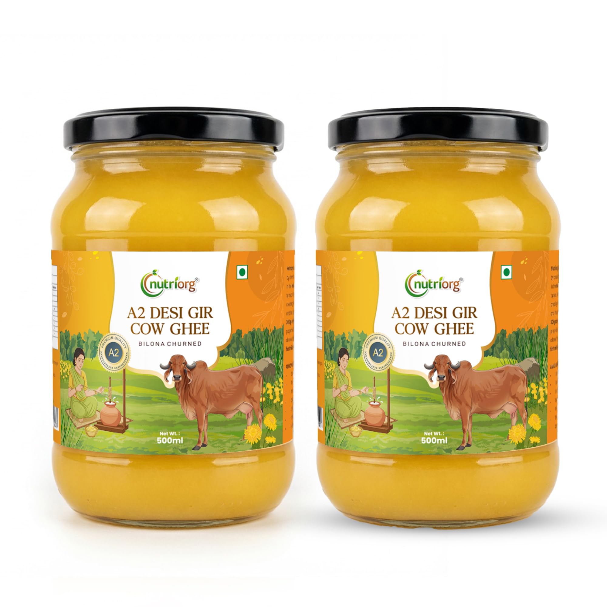 Nutriorg A2 Gir Cow Ghee | Vedic Bilona Method | 100% Pure A2 Ghee from Grass-Fed Gir Cows | Rich in Vitamins A, D, E & K | Hand-Churned, Nutrient-Rich, Non-GMO, Lab Certified | Premium Desi Ghee with Authentic Aroma & Flavor (500 ml pack of 2) 1 Litr