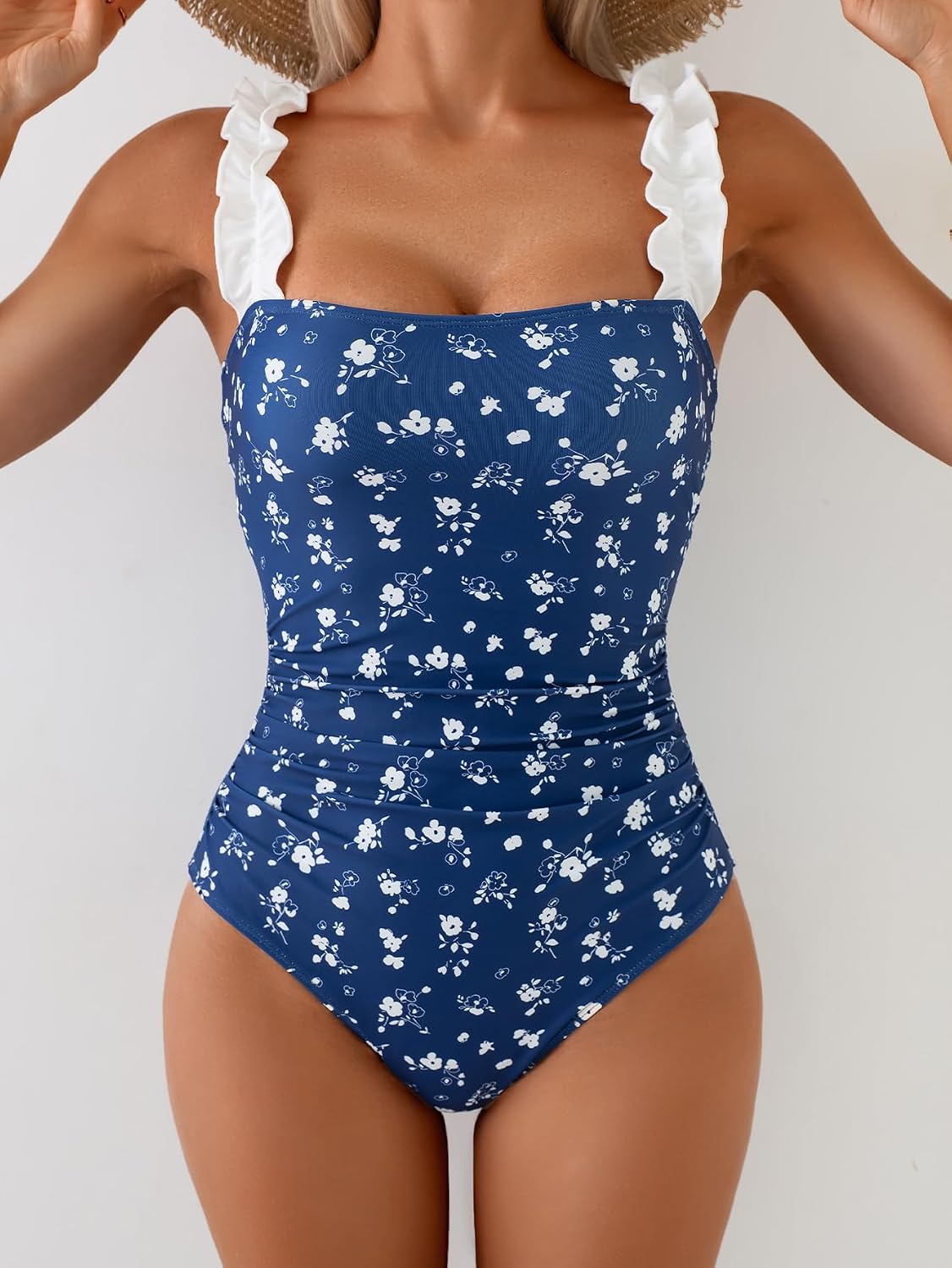 Eomenie Women's One Piece Swimsuit Tummy Control Square Neck Bathing Suit Ruffle Straps Ribbed Swimwear