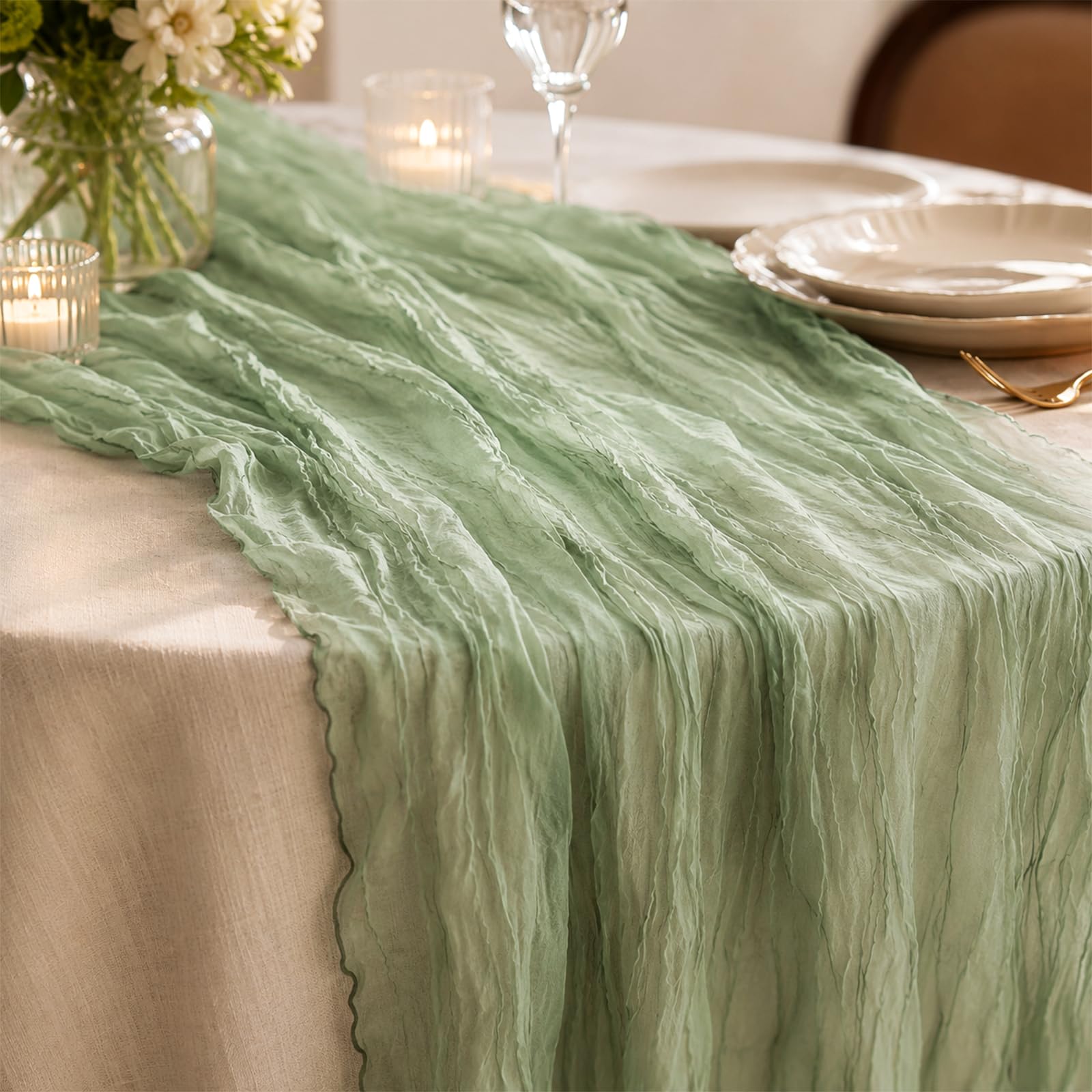 3-Piece Grass Green Crinkle Table Runner Set for Weddings and Parties