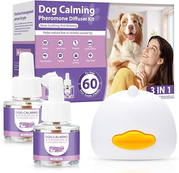 LKBHGF Dog Pheromones Calming Diffuser 3 in 1 Advanced Kit Appeasing Pheromone Diffuser to Calm Pet (1 Plug in+2x48ml Refill) for Anxiety Relieve Relief Reduce Aggression Fighting Stress (Tasteless)