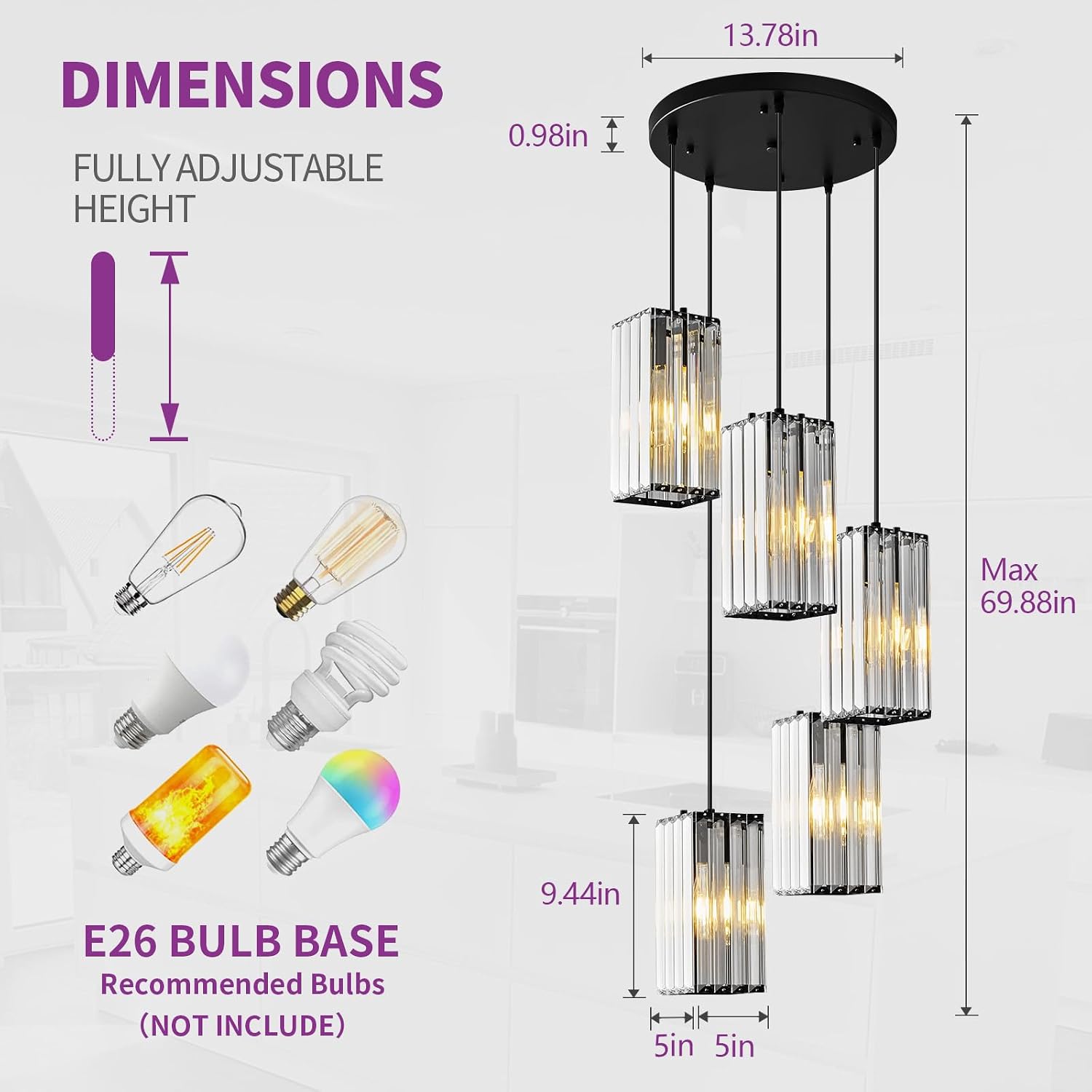 Modern Pendant Light Black Rectangle Pendant Lighting Mini Crystal Chandeliers Adjustable Pendant Light Fixture for Kitchen Island Dinning Room Living Room Corridor Bedroom(Black 5-Light)