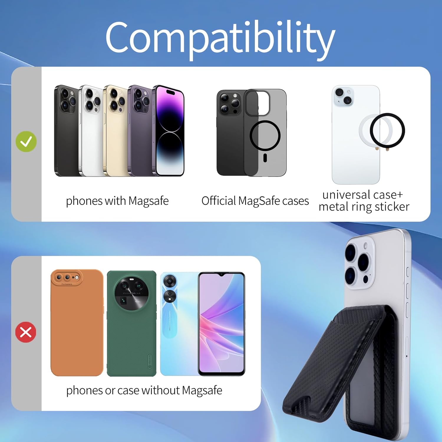 調節可能なスタンド付きMagSafeウォレット、磁気電話カードホルダーウォレット、iPhone用取り外し可能なレザーカードスリーブ、