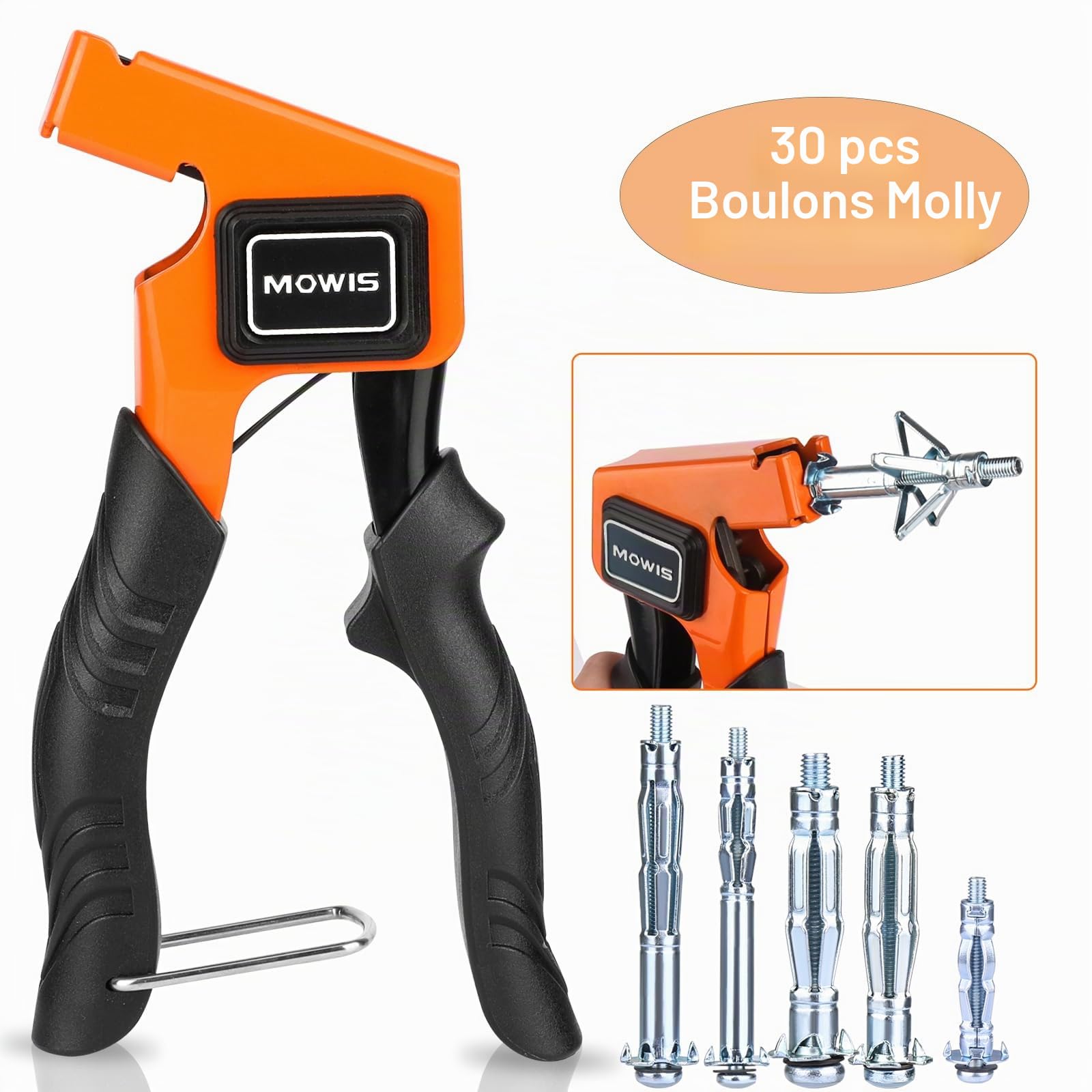 MOWIS Kit Cheville Molly Pince Métalliques à Expansion Trousse d'outils de réglage en métal d'ancrage mural creux avec 30 Cheville Molly, Pince Professionnel Convient à M3/M4/M5/M6/M8