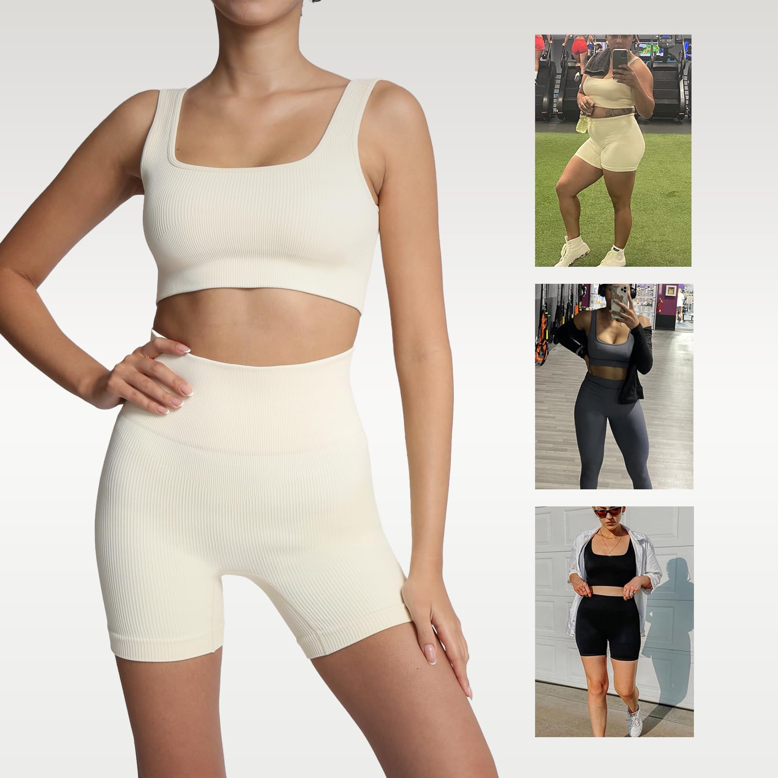 Lemef Soutien-Gorge de Sport pour Femme à col carré côtelé sans Couture Soutien Moyen débardeur d'entraînement sans Rembourrage