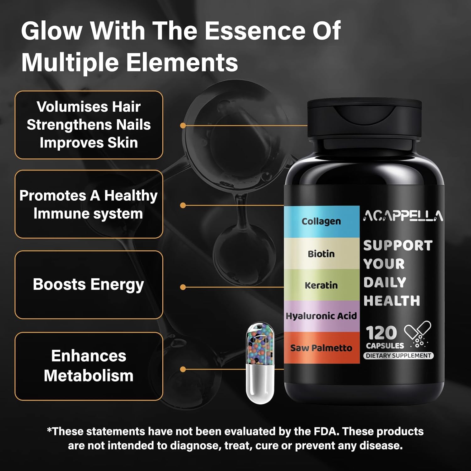 ACAPPELLA Keratin Saw Palmetto with Hyaluronic Acid Capsules DHT Blocker Vitamins Folic Acid Collagen Supplements for Women and Men Biotin Capsules - Image 3