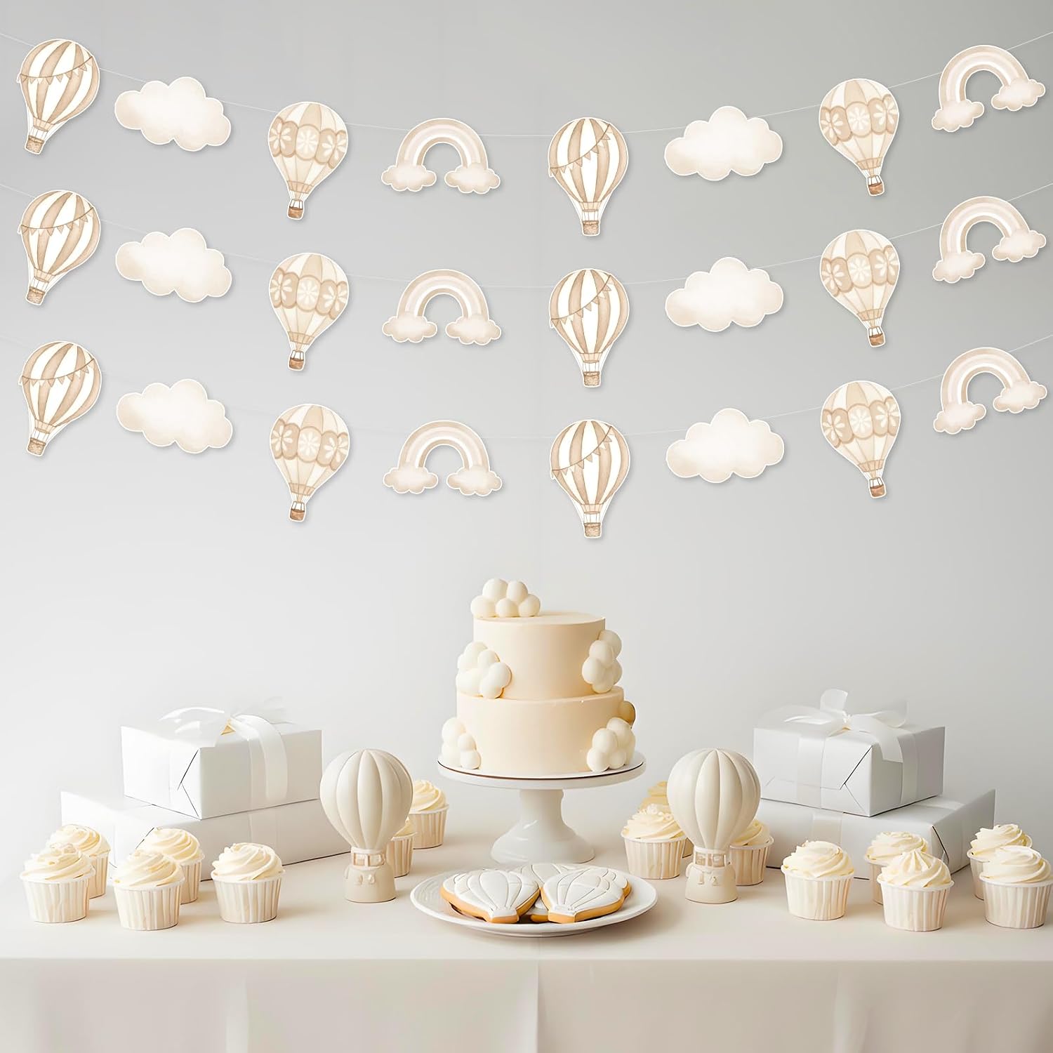 3 Pcs Hot Air Balloon Party Garlands, Travel Adventure Awaits Hanging Banners Wall Decorations, Cloud Sky Rainbow Birthday Baby Shower Party Supplies image 2