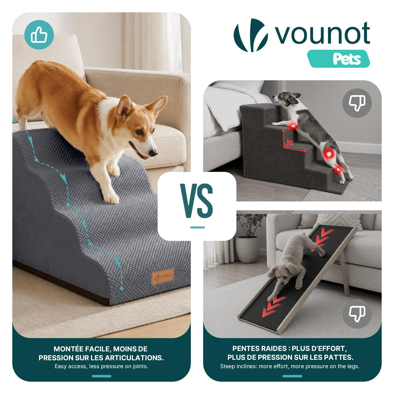 vounot® Escalier pour Chien et Chat à 4 Marches en Mousse Haute Densité Antidérapante Déhoussable Lavable Rampe pour Chien Accès Canapé Lit pour Animaux Âgés ou Blessés avec Poignée Gris