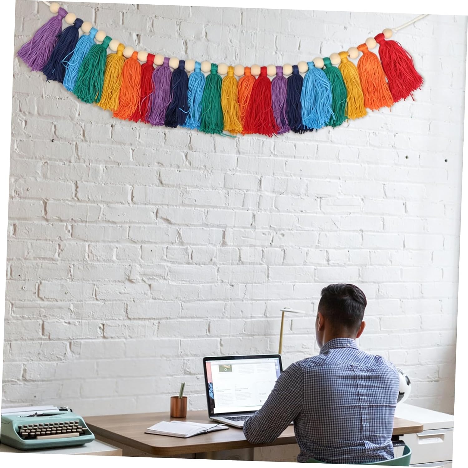 Colorful Wooden Beads Tassel Wall Hanging Decor Macrame Room Banner Handmade Bohemian Home Hanging Decoration for Living Room Nursery