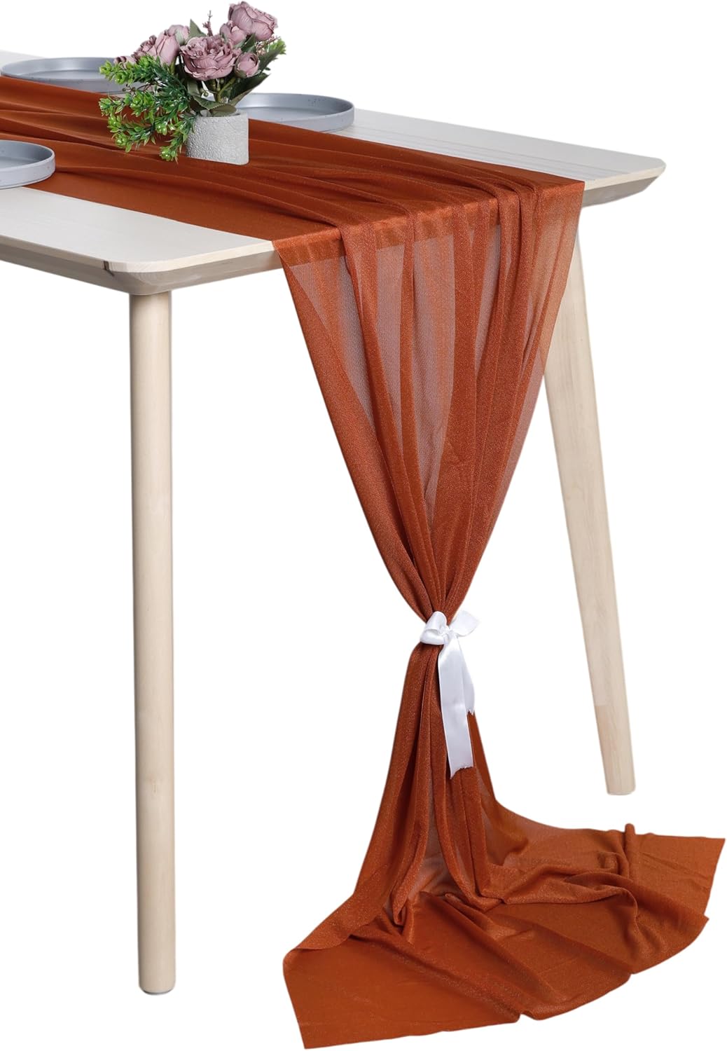 MDS 10 Pack 14ft Chiffon Table Runner 29 x170 Inches Sheer Wedding Runner Romantic Rustic Table Runner for Wedding Decorations, Birthday Parties, Bridal Shower Party Arch Decor - Terracotta