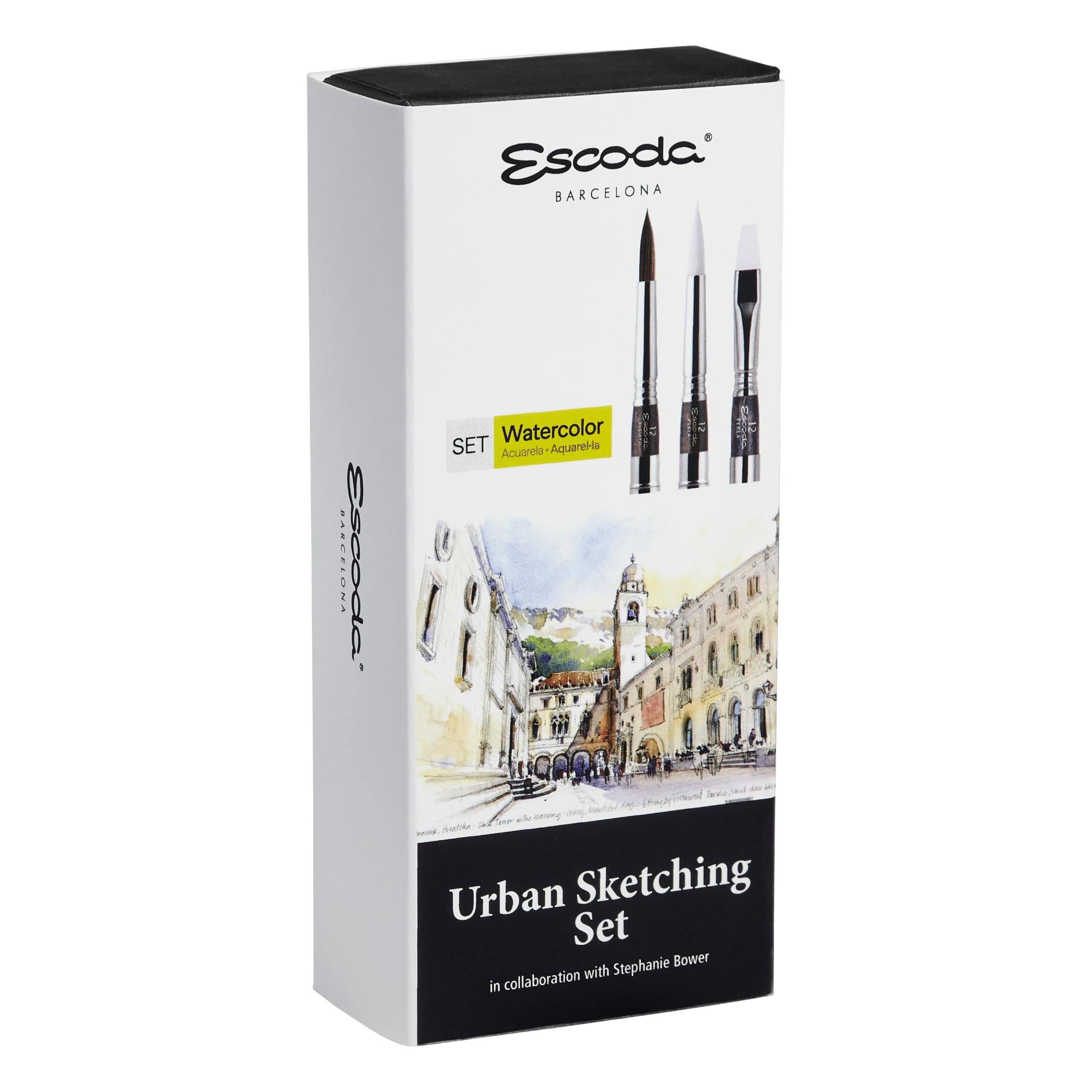 ESCODA | Acquerello| Urban Sketching Set | Set di pennelli da viaggio | 3 pennelli tascabili | Dimensione 12 | Fibra sintetica | Rotondo a punta, Piatto Carrado