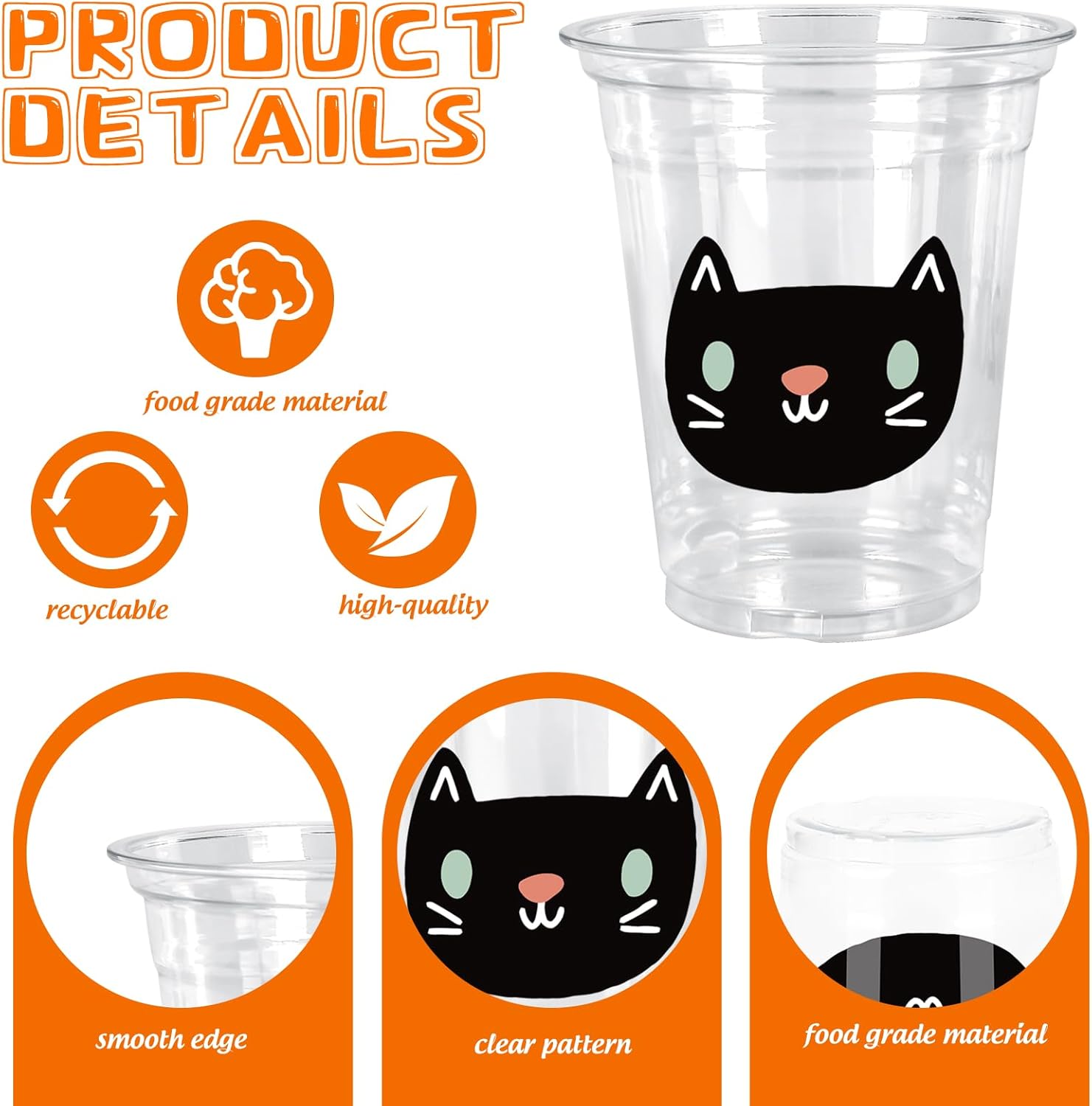 Whaline 48Pcs 12Oz Halloween Plastic Cups with Lids & Straws Ghost Pumpkin Black Cat Disposable Clear Drinking Cups for Holiday Birthday Party Supplies - Image 3