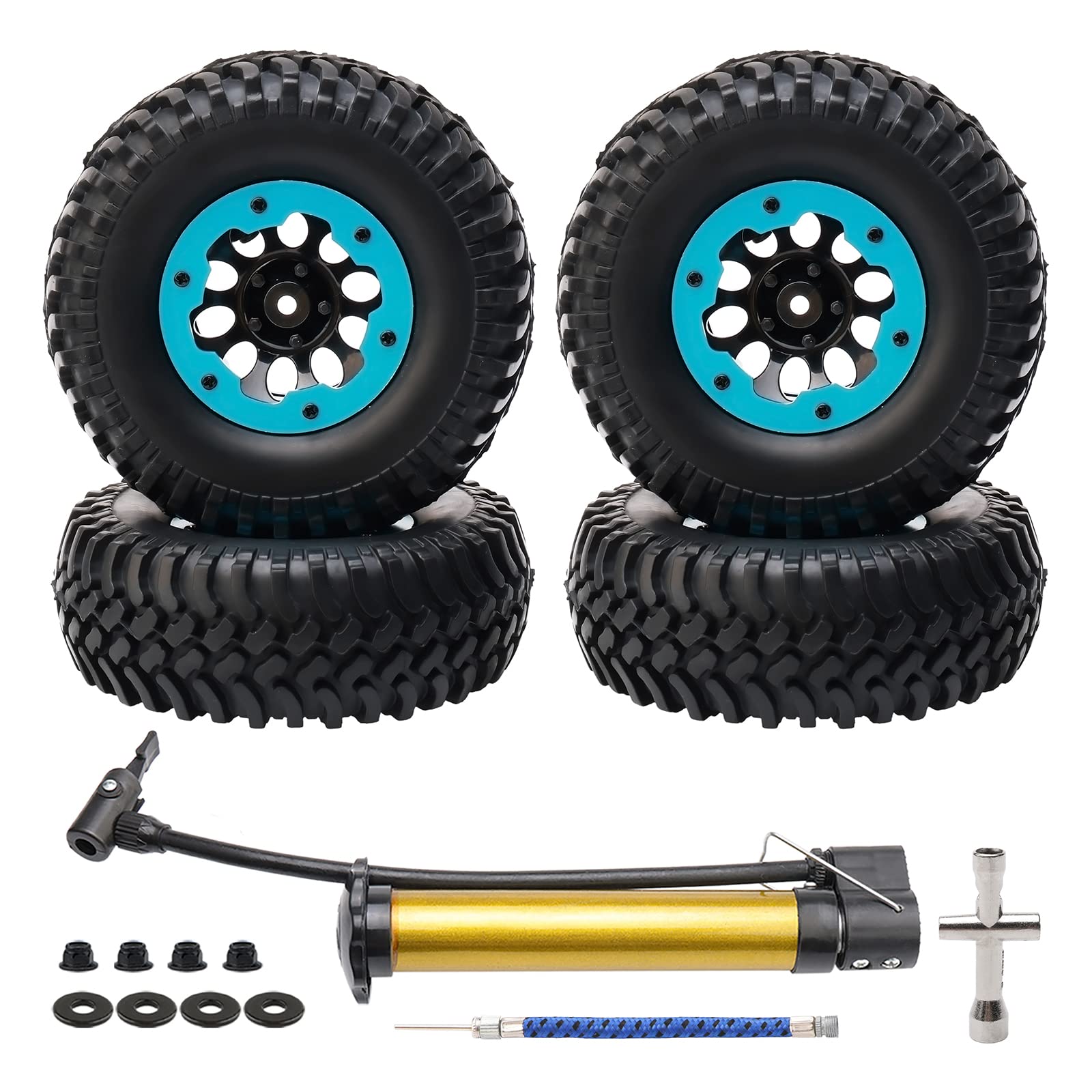 4-pak 1/10 RC opony i koła gąsienicowe, 4,8 cm plastikowa obręcz koła Beadlock 12 mm Hex Hub Off Road Crawling gumowa opona OD 100 mm, niebieska
