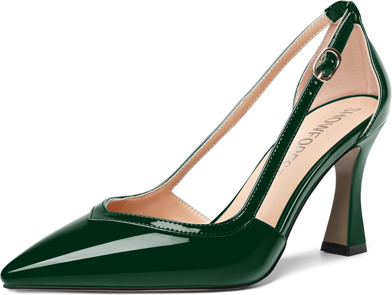 SHOWFOREST Spool Dress Patent Pointed Toe Dating High Heel 3.3 Inch Adjustable Strap Slip On Pumps Shoes Dark Green Size 8.5 - Zapatos for Women