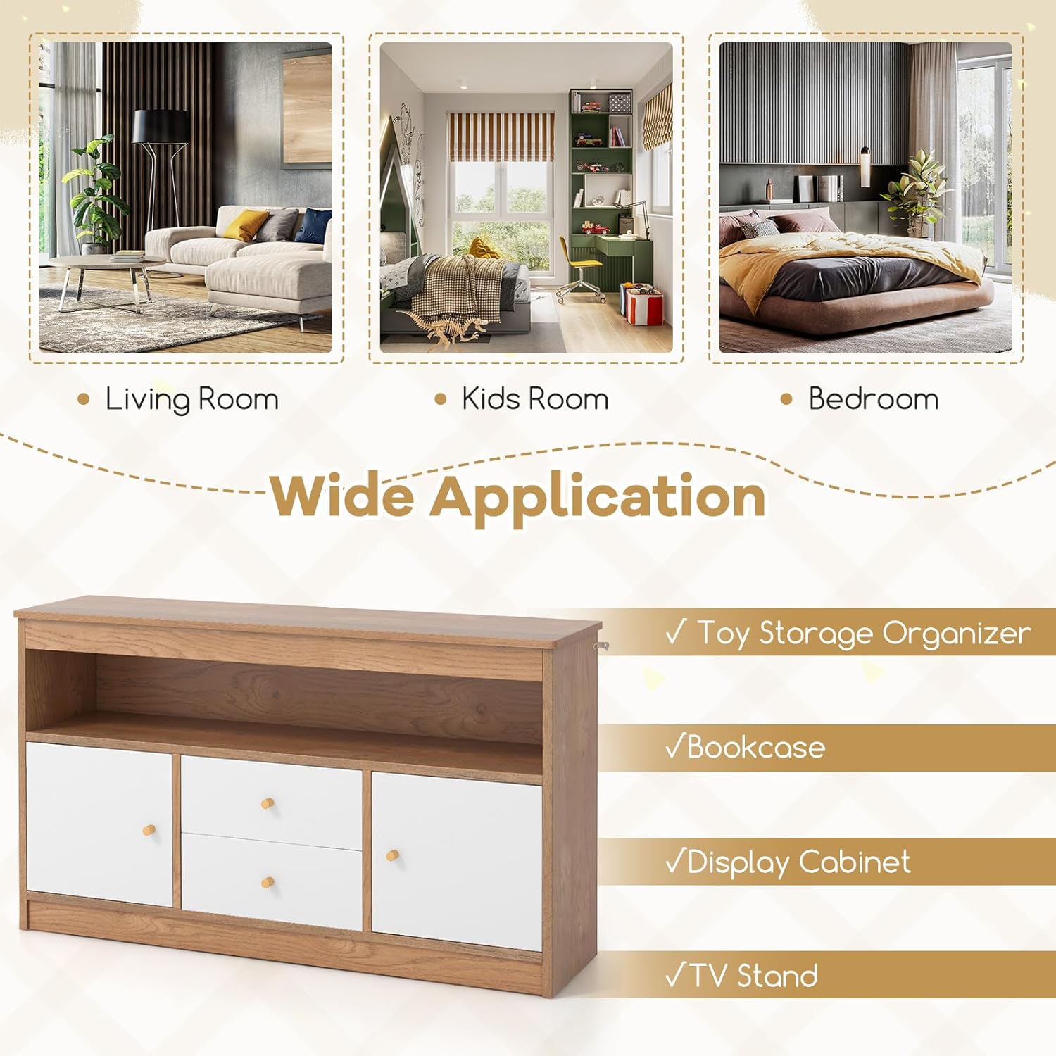 Costzon Toy Storage Organizer, Wooden Kids Toy Cabinet w/ 2 Drawers, 2 Cabinets & Open Shelf, Toy Organizers and Storage for Playroom, Bedroom, Nursery (Natural)