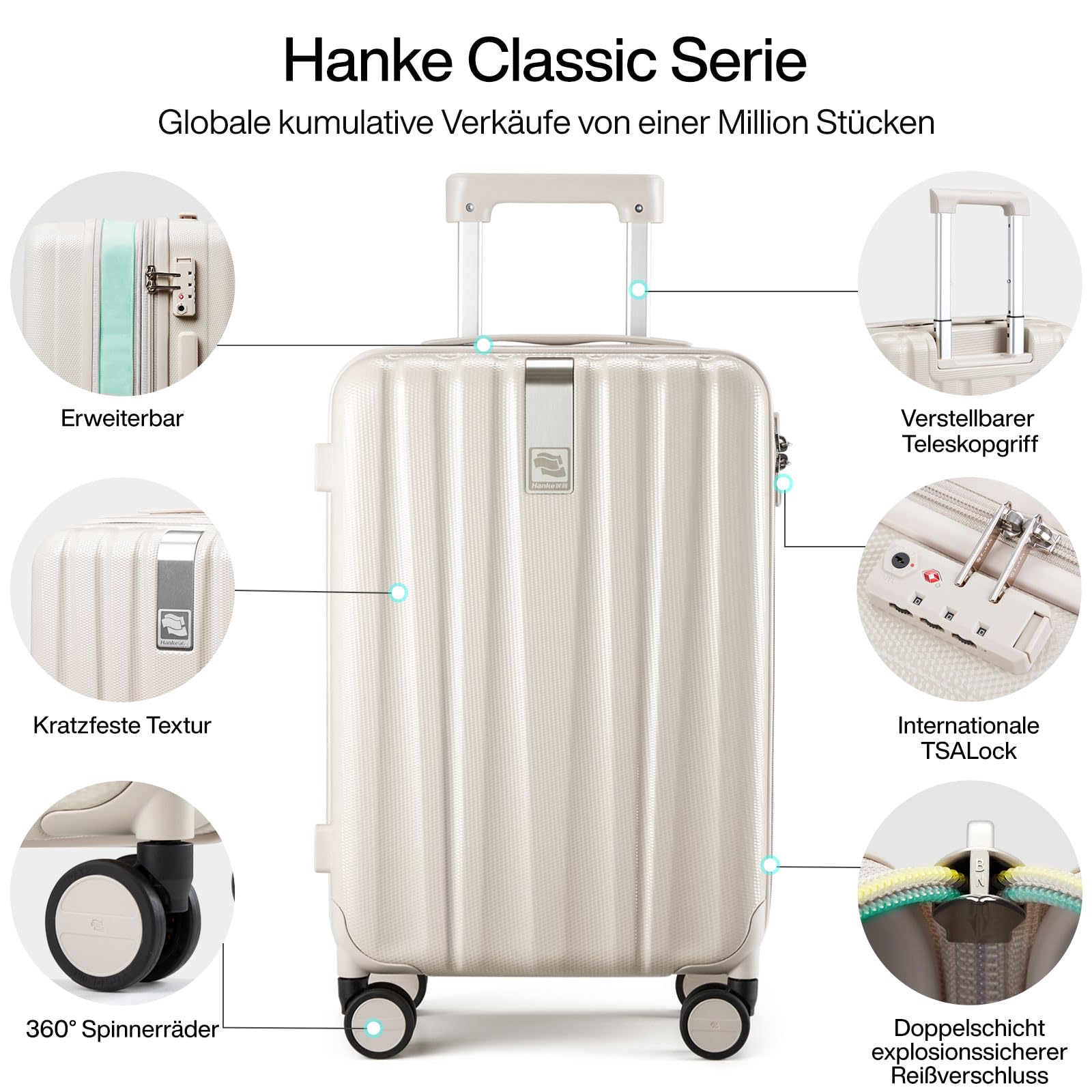 Hanke Handgepäck Koffer PC Hartschalenkoffer mit 360° Spinner Rädern Trolley Reisekoffer mit TSA-Lock 49cm (37L), Elfenbein