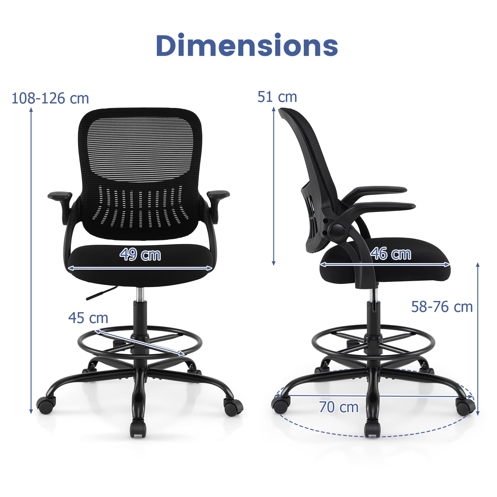 CASART Sedia da disegno in rete, sedia ergonomica da ufficio con supporto lombare e braccioli ribaltabili, sedia da scrivania regolabile in altezza per casa e ufficio (con spazio per riporre lo