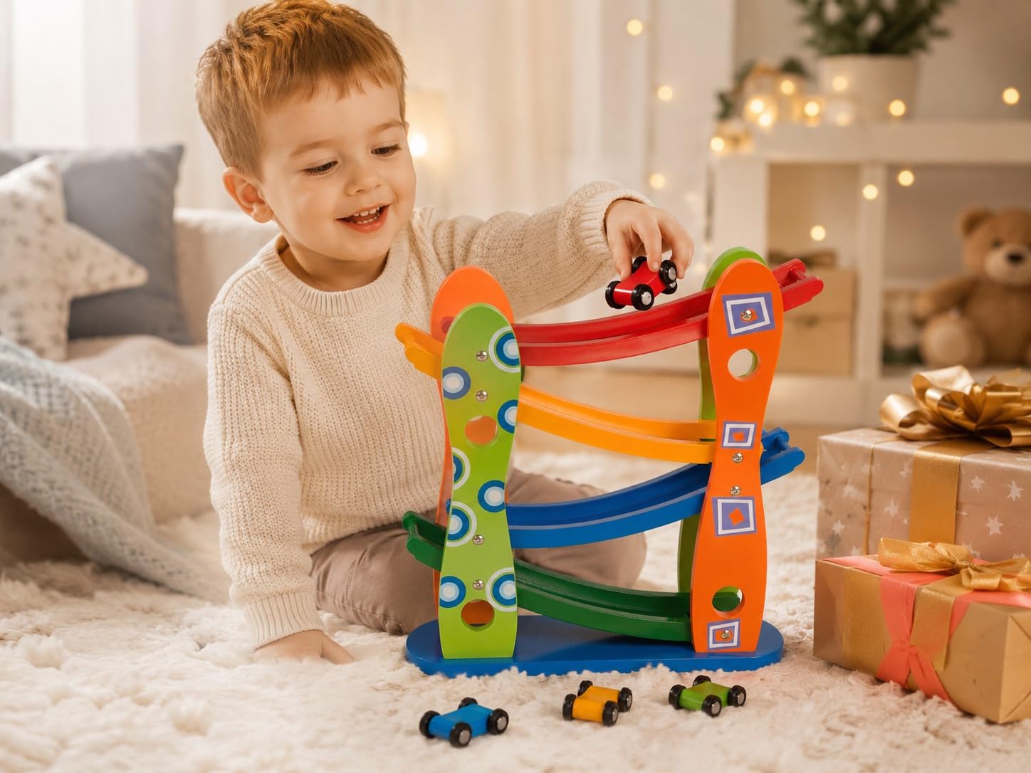 Holz-Autorampe Kinder, Bunte Rennbahn mit 3 Spielzeugautos, 4 Ebenen Wasserfallbahn aus Holz, Auto-Rollbahn Motorikspielzeug Geschenk für Jungen Mädchen ab 3 Jahren