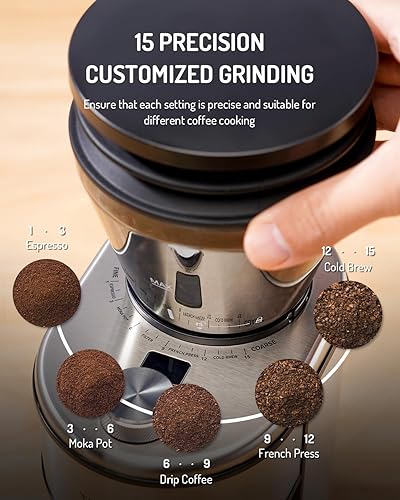 Miniatura 2 de Molinillo de café cónico, molinillo de café eléctrico de acero inoxidable con 15 ajustes precisos de molienda para expresoverterolla Mokaprensa