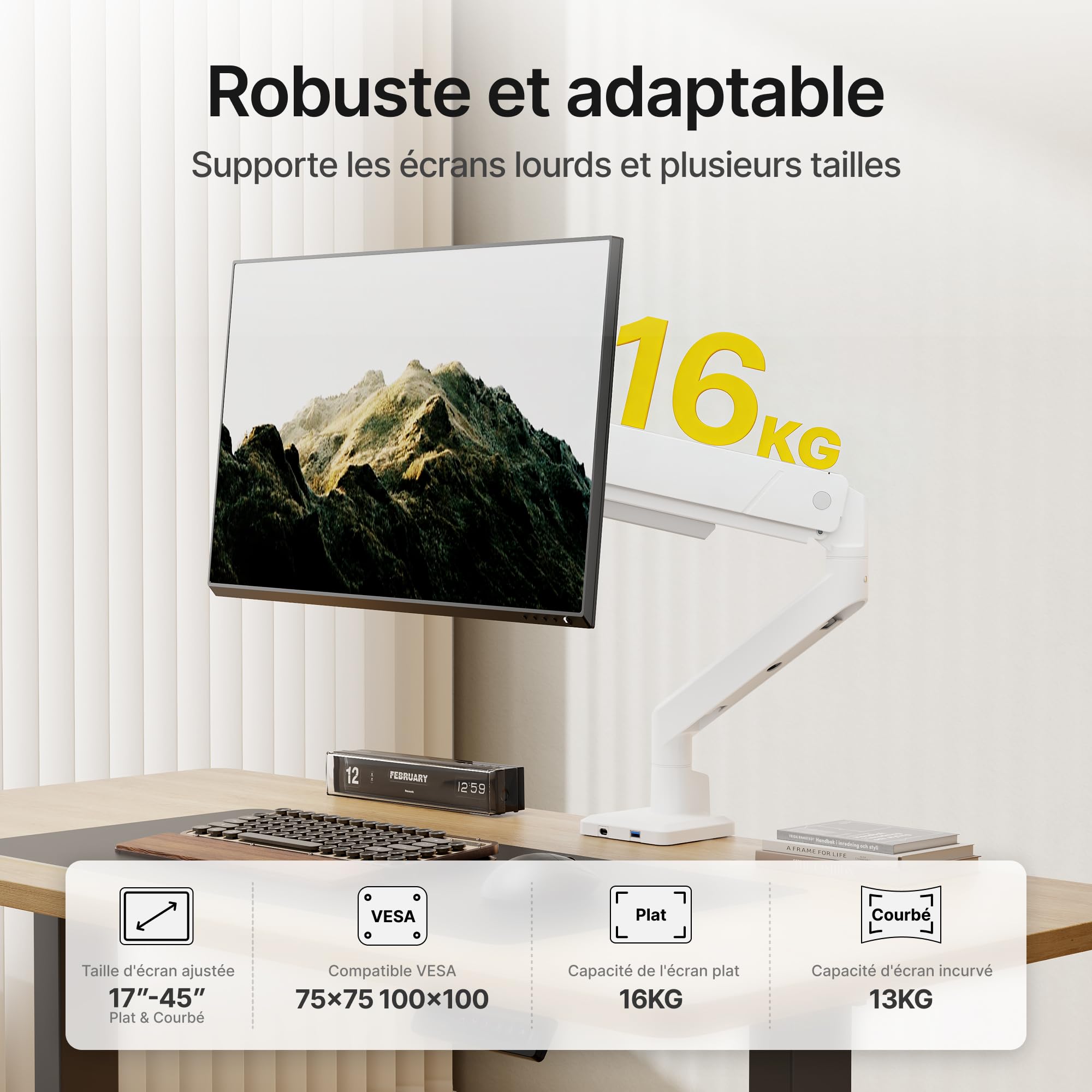 monTEK Bras Ecran PC Blanc avec Port USB pour 17-45", VESA 75/100mm