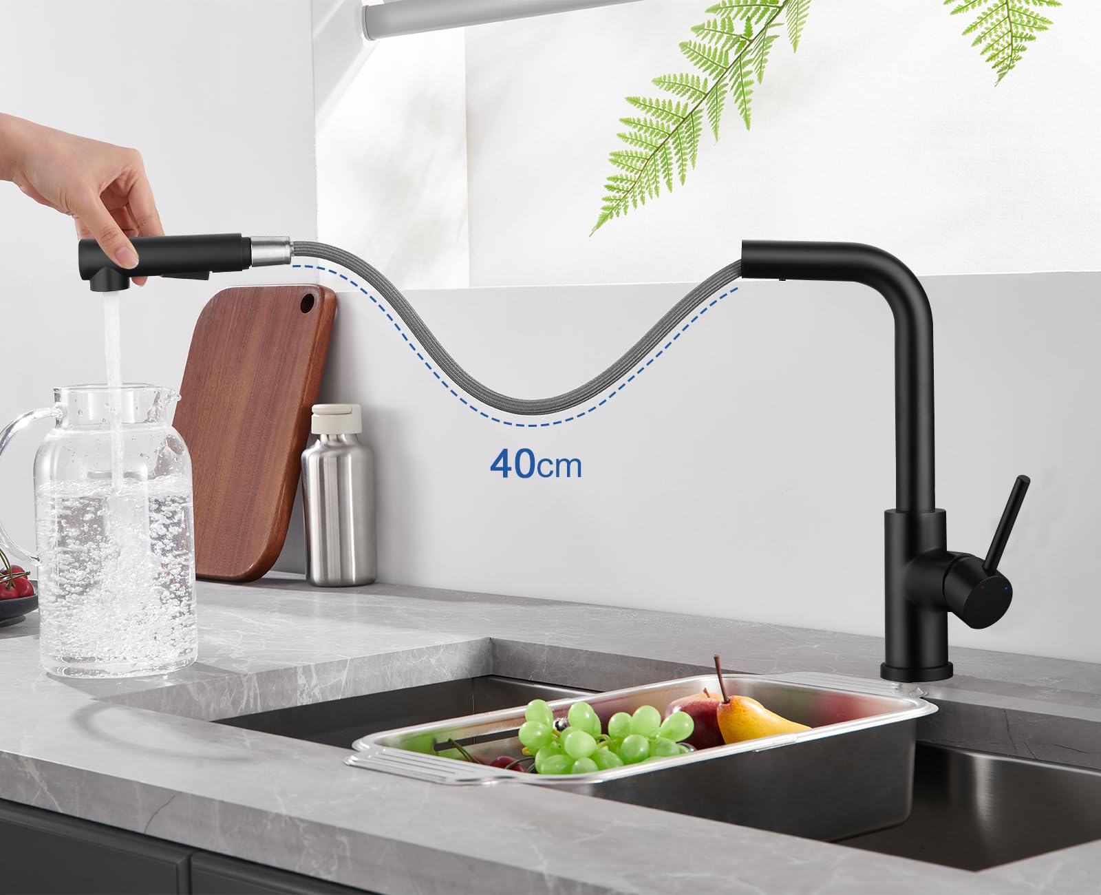 Küchenarmatur mit Brause Ausziehbar, Hochdruck Wasserhahn Küche Schwarz 360° Drehung, Spültischarmatur mit Brause zwei Wasserstrahlarten, Küchenwasserhahn aus Edelstahl, Mischbatterie