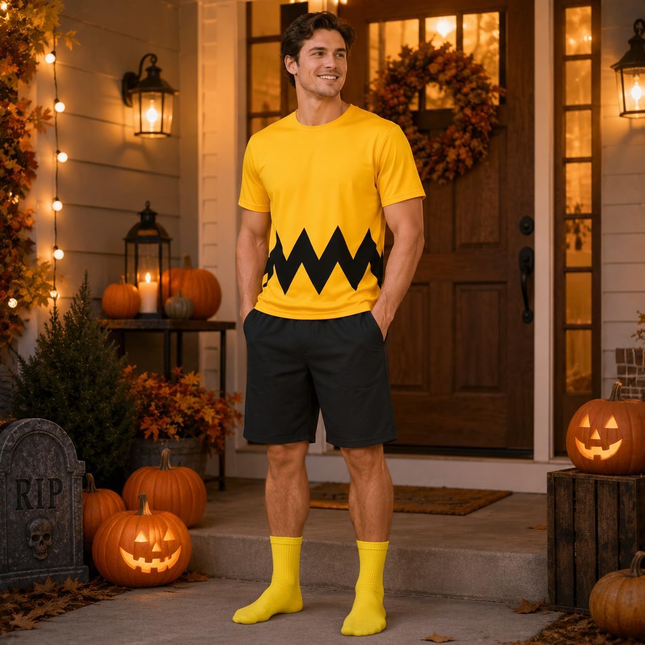 Kavoc 3 Pcs Halloween Costume Set T-Shirt Shorts and Socks for Men Halloween Cosplay Party Dress Up