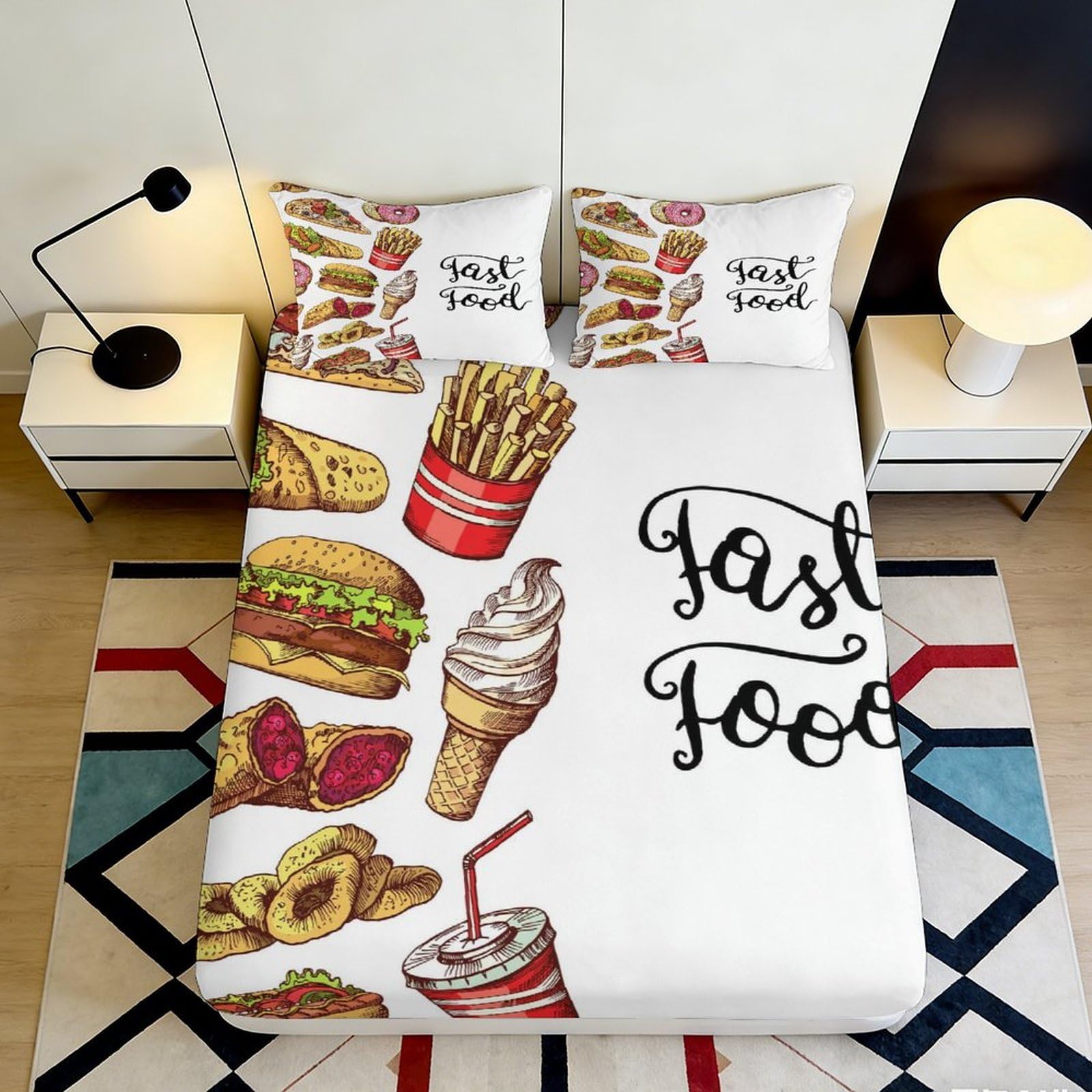 Jqzkxnhpbr Style-2 3D Printed Fast Food Fitted Sheet Microfiber Burger Fries Bed Cover For Bedroom Dorm Mattress Protection Decor 90X200x25cm