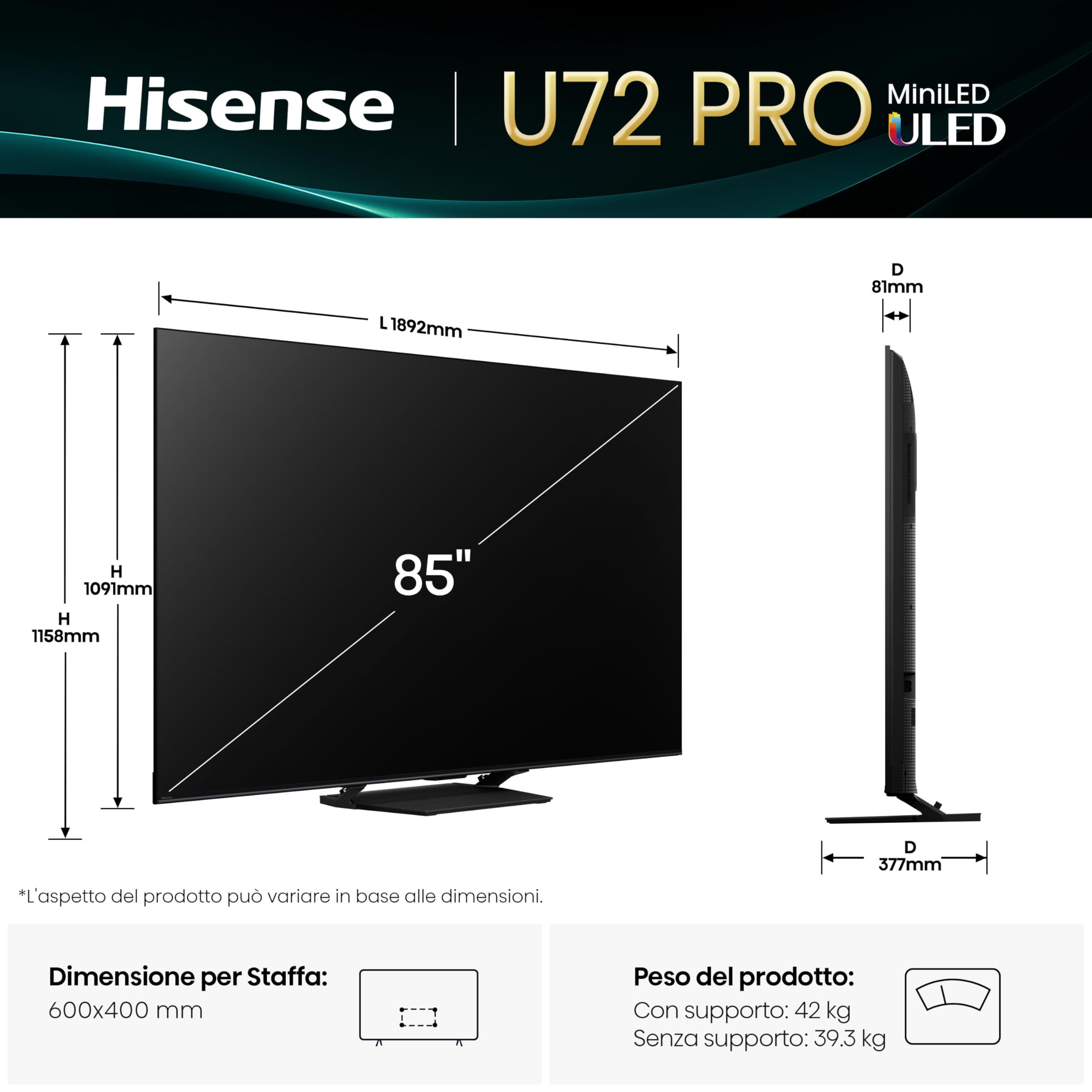 Hisense Smart TV MiniLED 85" 4K 85U7Q PRO, Smart TV VIDAA con 1000+APP, Dolby Vision IQ, HDR 10+ Adaptive, 165Hz Game Mode Ultra, Dolby Atmos 2.1.2 con Subwoofer