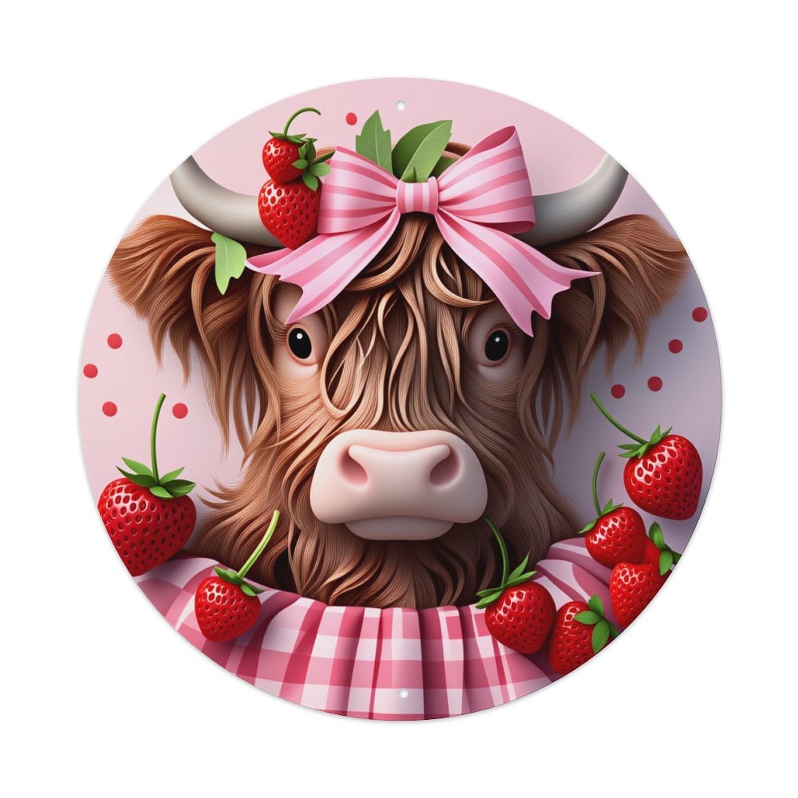 Pink Checkered Strawberry Bow Round Tin Sign Vintage Metal Poster Retro Bar, Home, Man Cave, Kitchen, Laundry Room Wall Art Decor Gift 8x8Inch